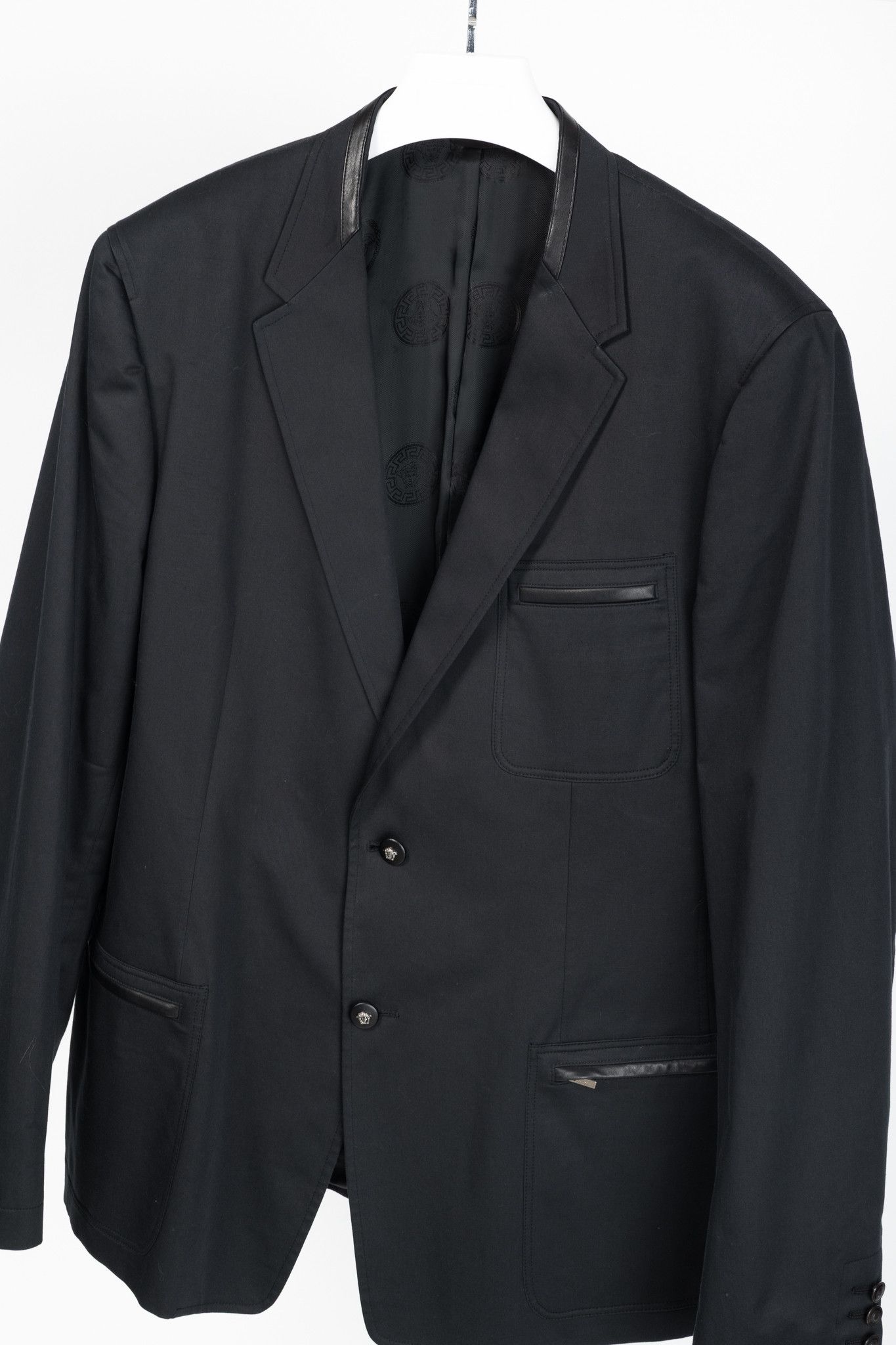 Versace Versace Black Stretch-Cotton Leather-Trim Blazer Size 48R - 3 Thumbnail