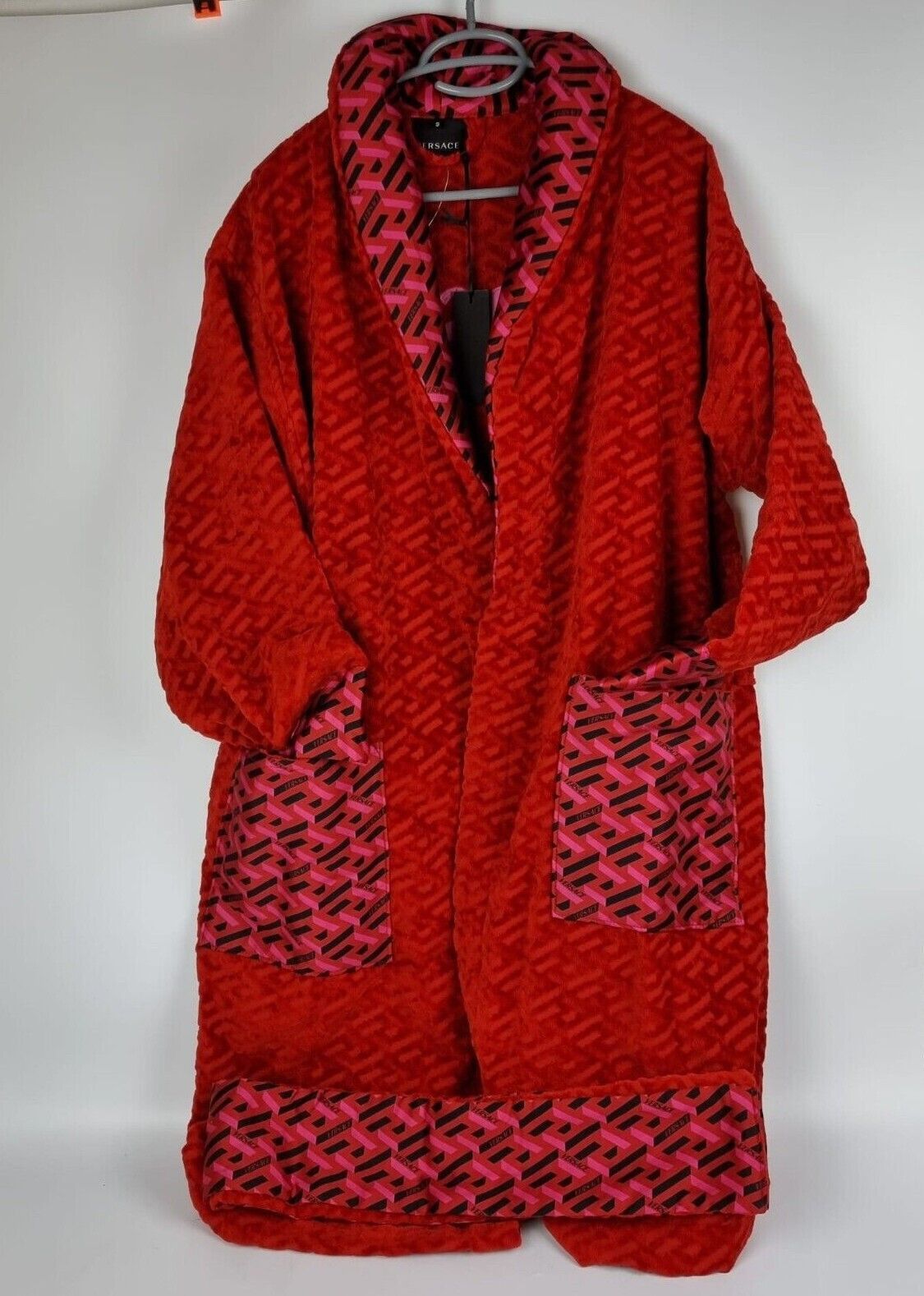 image of Versace Greca Print Red Bathrobe New, Men's (Size Small)