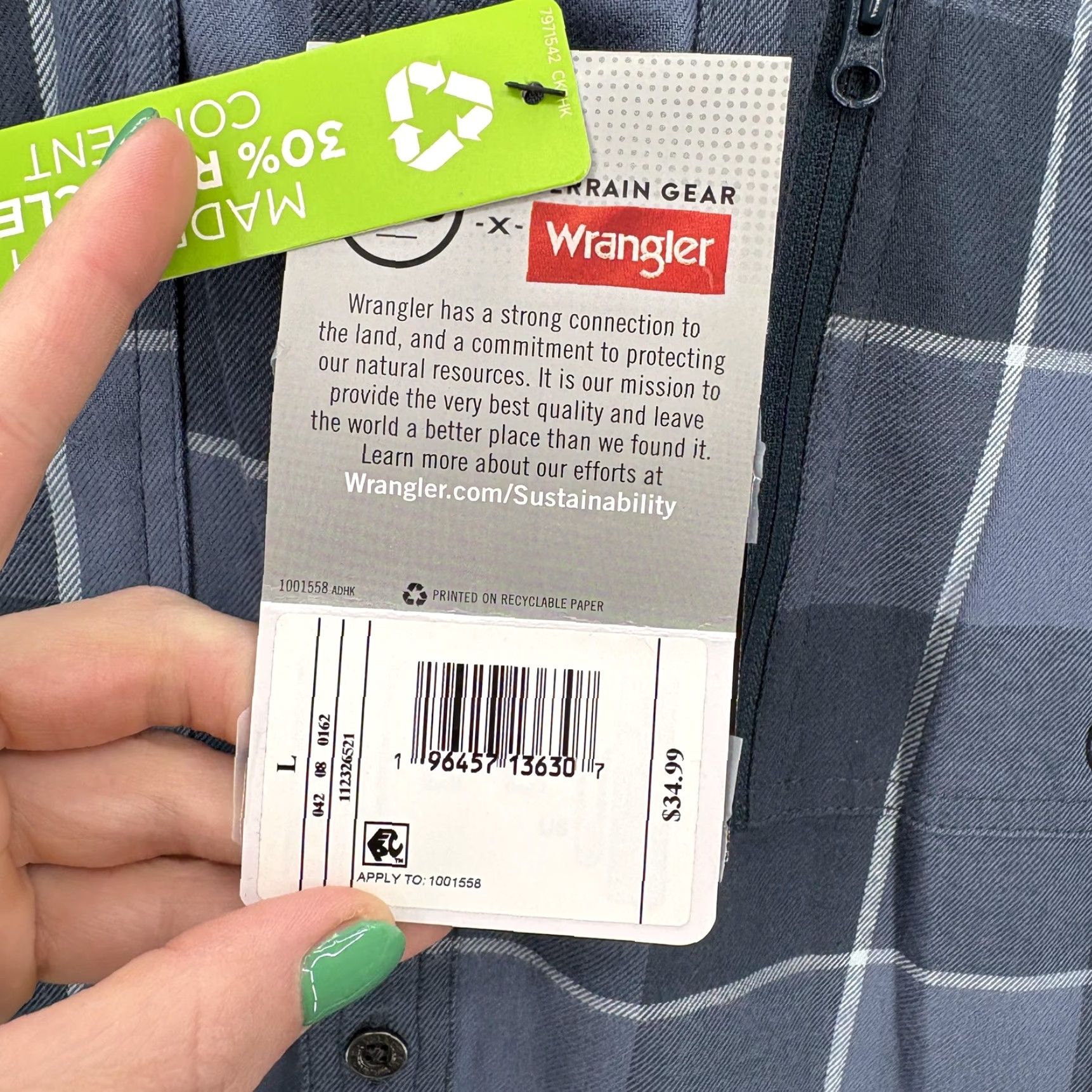 Wrangler Wrangler ATG Shirt Mens Large Blue Plaid Long Sleeve Flannel UV Protection Trail Size US L / EU 52-54 / 3 - 7 Thumbnail