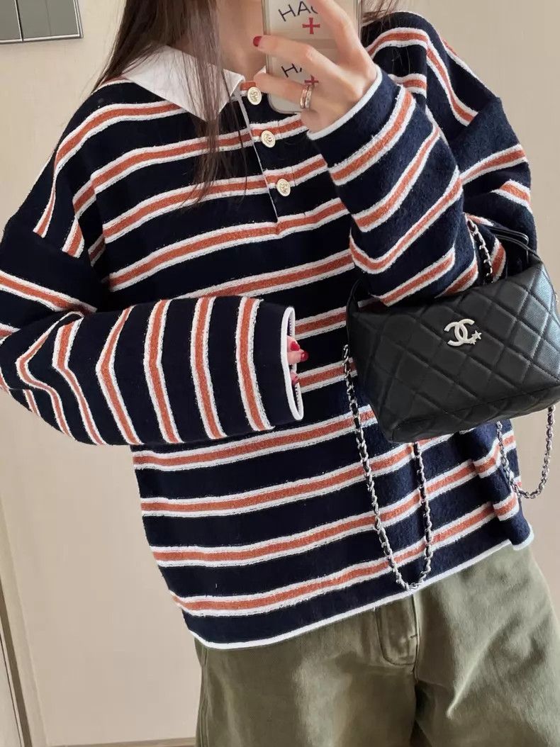Chanel Chanel Striped loose lapel lion buckle long-sleeved knitte Size XS / US 0-2 / IT 36-38 - 8 Thumbnail