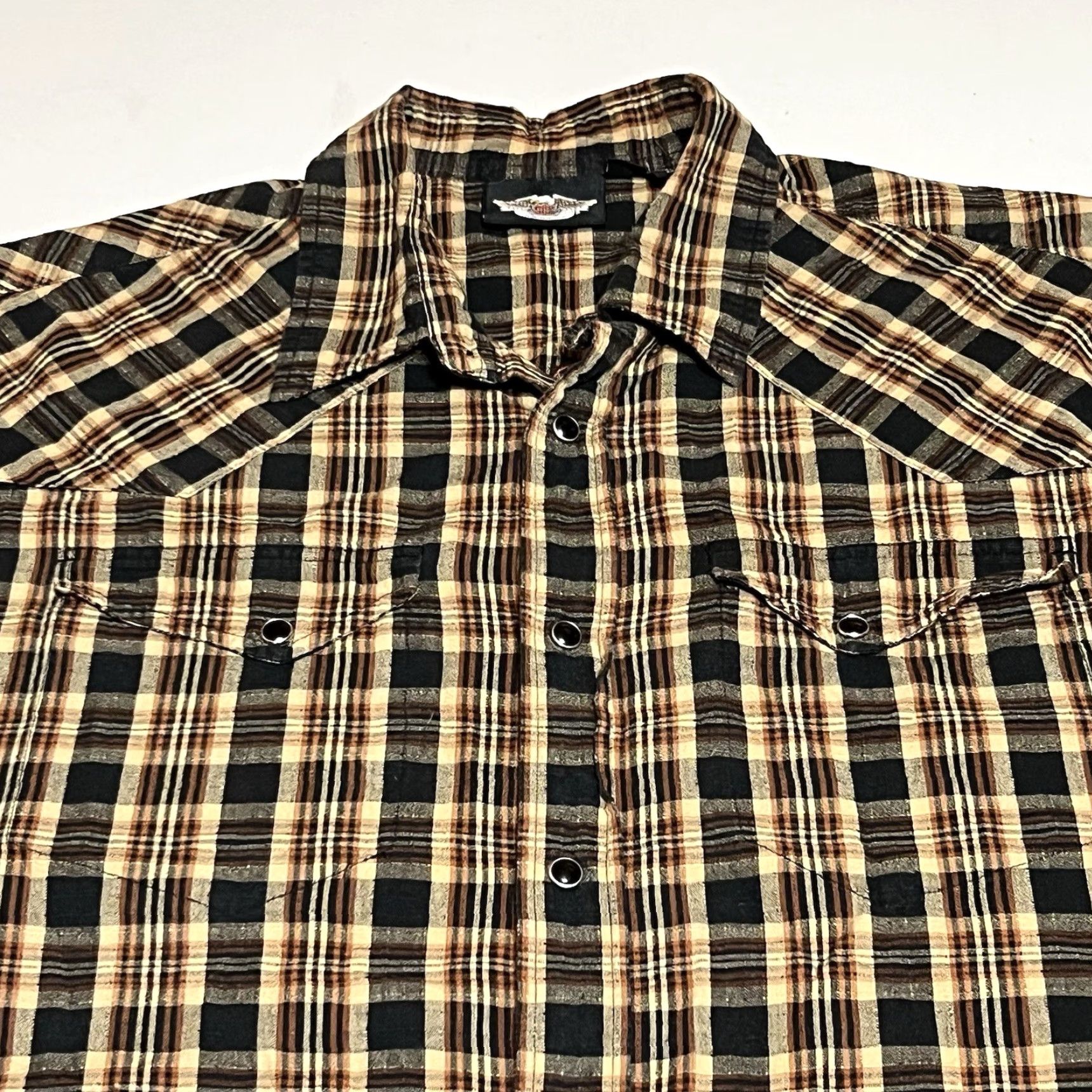 Harley Davidson Harley-Davidson Pearl Snap Shirt Men’s Large Brown Plaid Short Sleeve Button-Up Casual, Travel, Party/Cocktail Mens BD Size US L / EU 52-54 / 3 - 2 Thumbnail