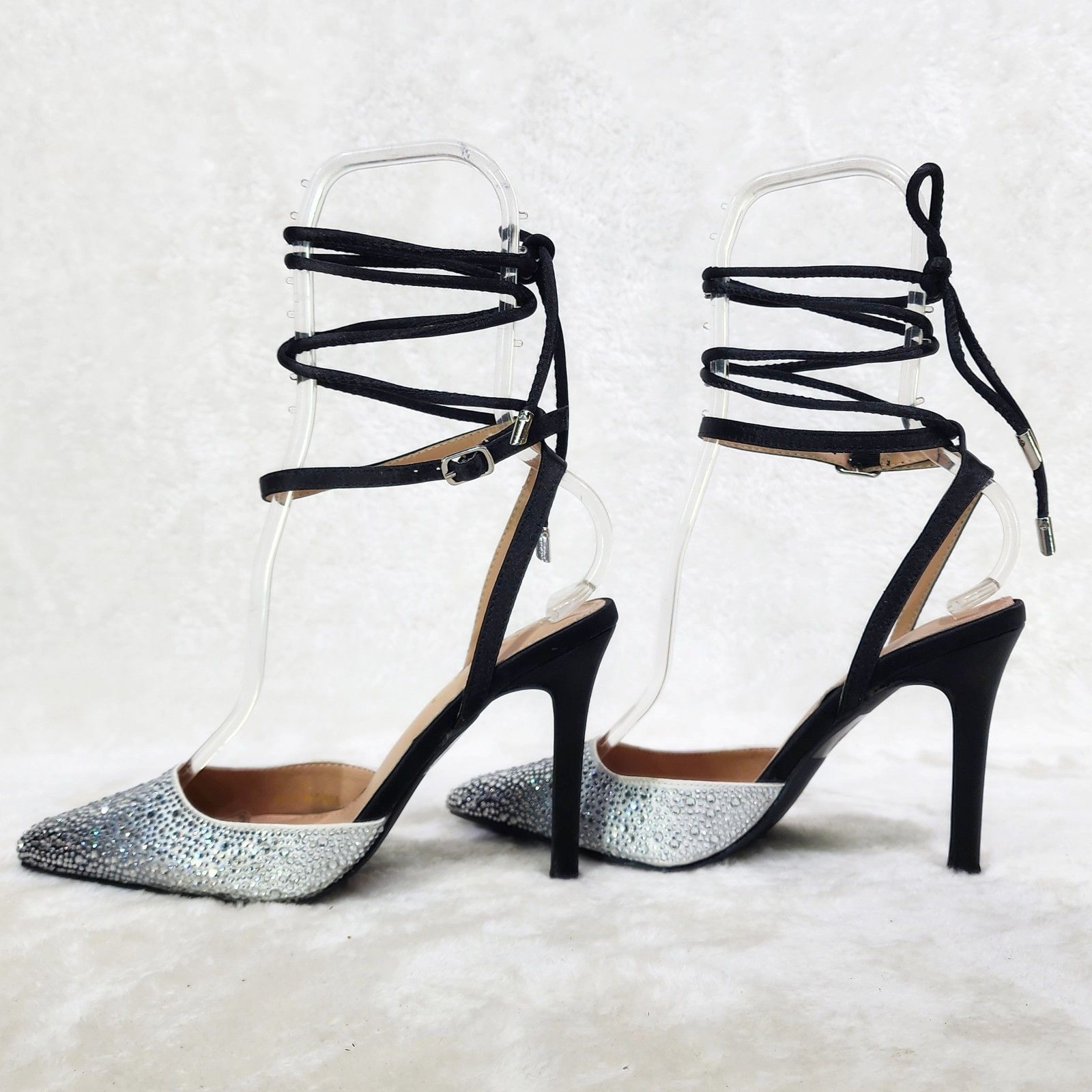 Other Tie Up Strap Black Rhinestone High Heels Stiletto Shoes Size US 7 / IT 37 - 2 Thumbnail