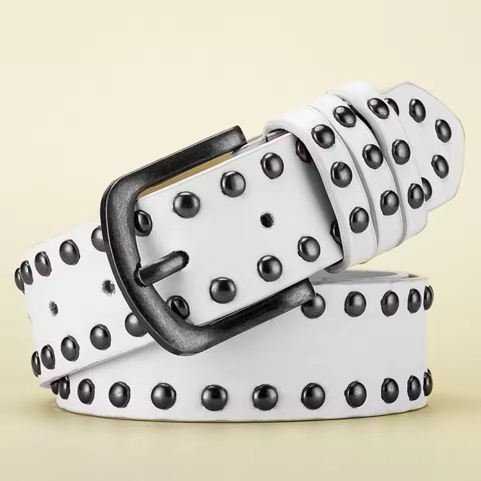 Japanese Brand Punk Double-Row Studded PU Leather Belt - Black Y2K Grunge Size 32 - 1 Thumbnail