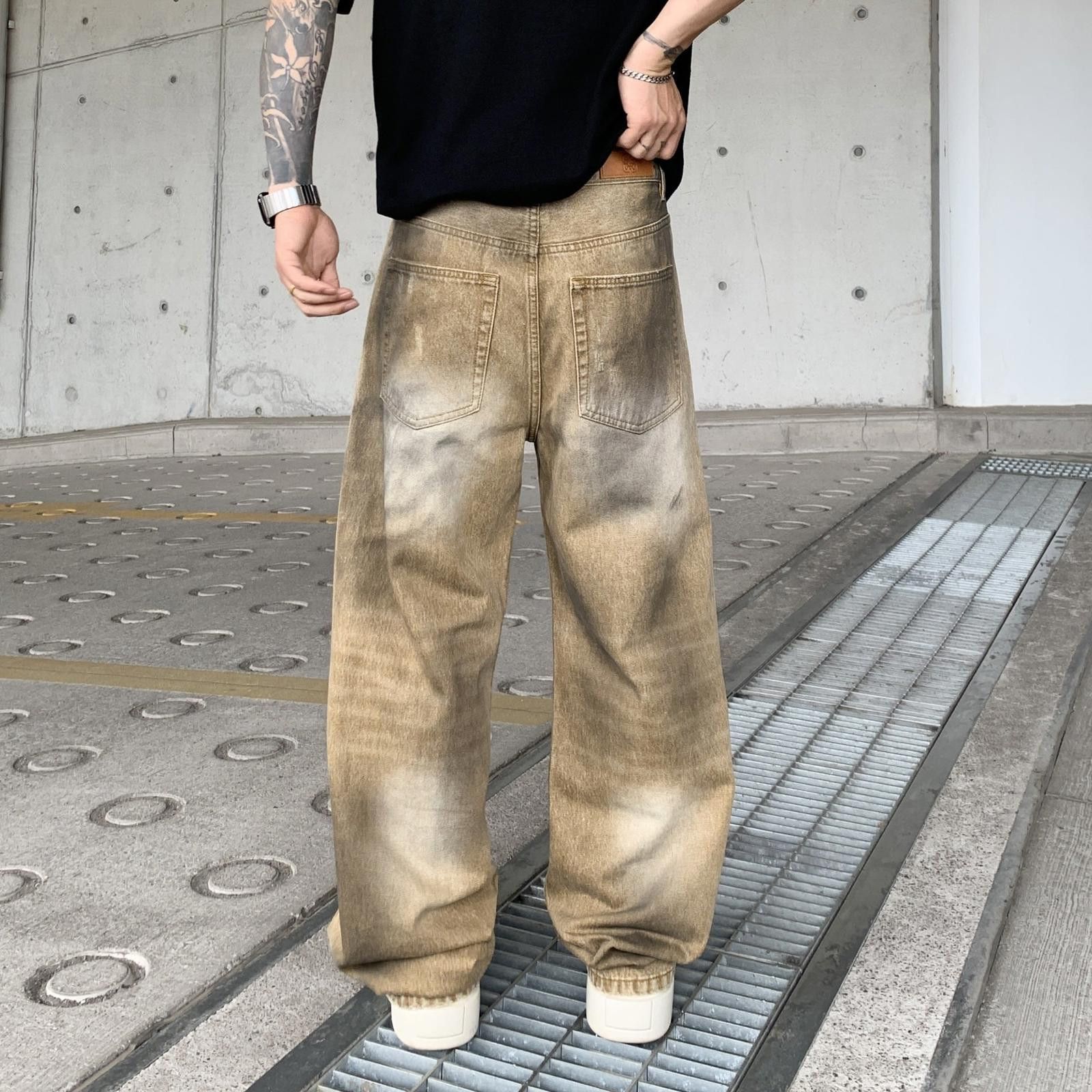 Japanese Brand Beige Distressed Baggy Denim Jeans, Wide Leg Ripped Jeans Size US 32 / EU 48 - 5 Thumbnail
