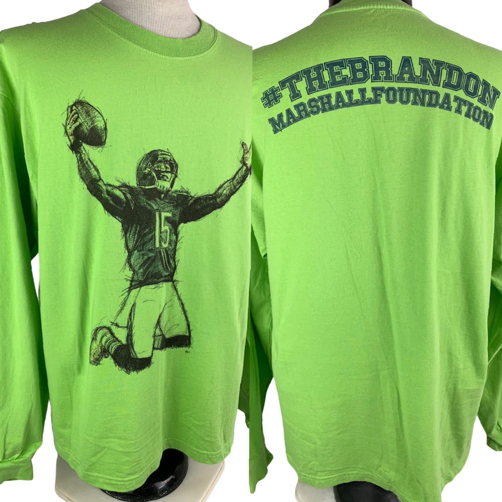 Hanes VINTAGE Large Men's The Brandon Marshall Foundation Bright Green Long Sleeve Logo Tshirt Size US L / EU 52-54 / 3 - 2 Thumbnail