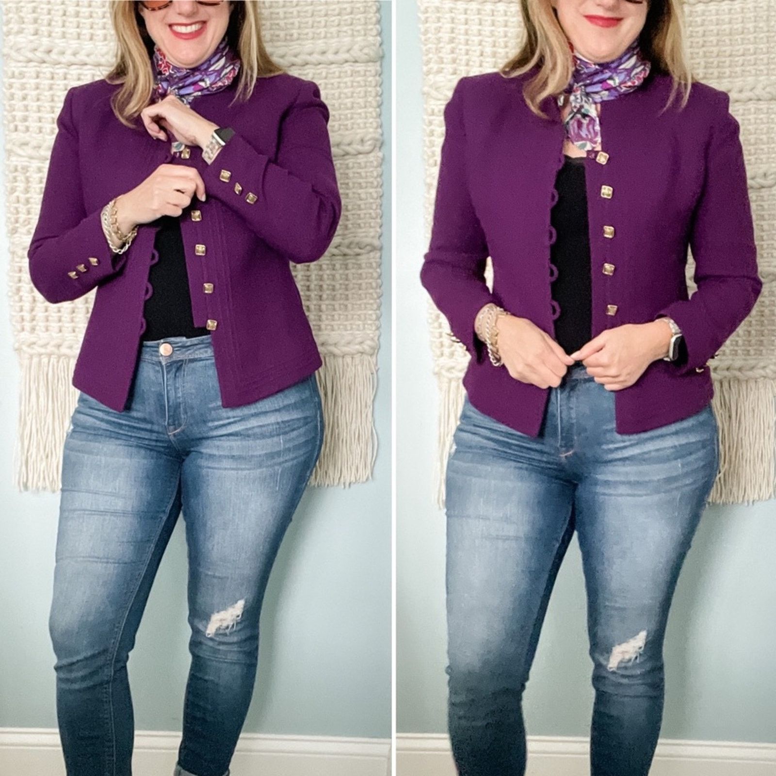Vintage Vintage 100% Wool Purple Collarless Blazer Jacket 10P/MP Size L / US 10 / IT 46 - 2 Thumbnail