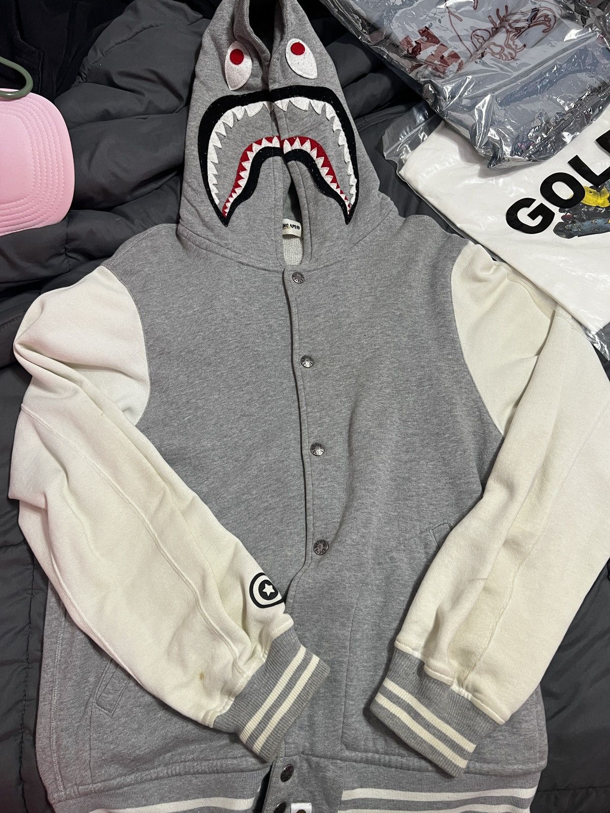 Bape SHARK HOODIE VARSITY JACKET | Grailed