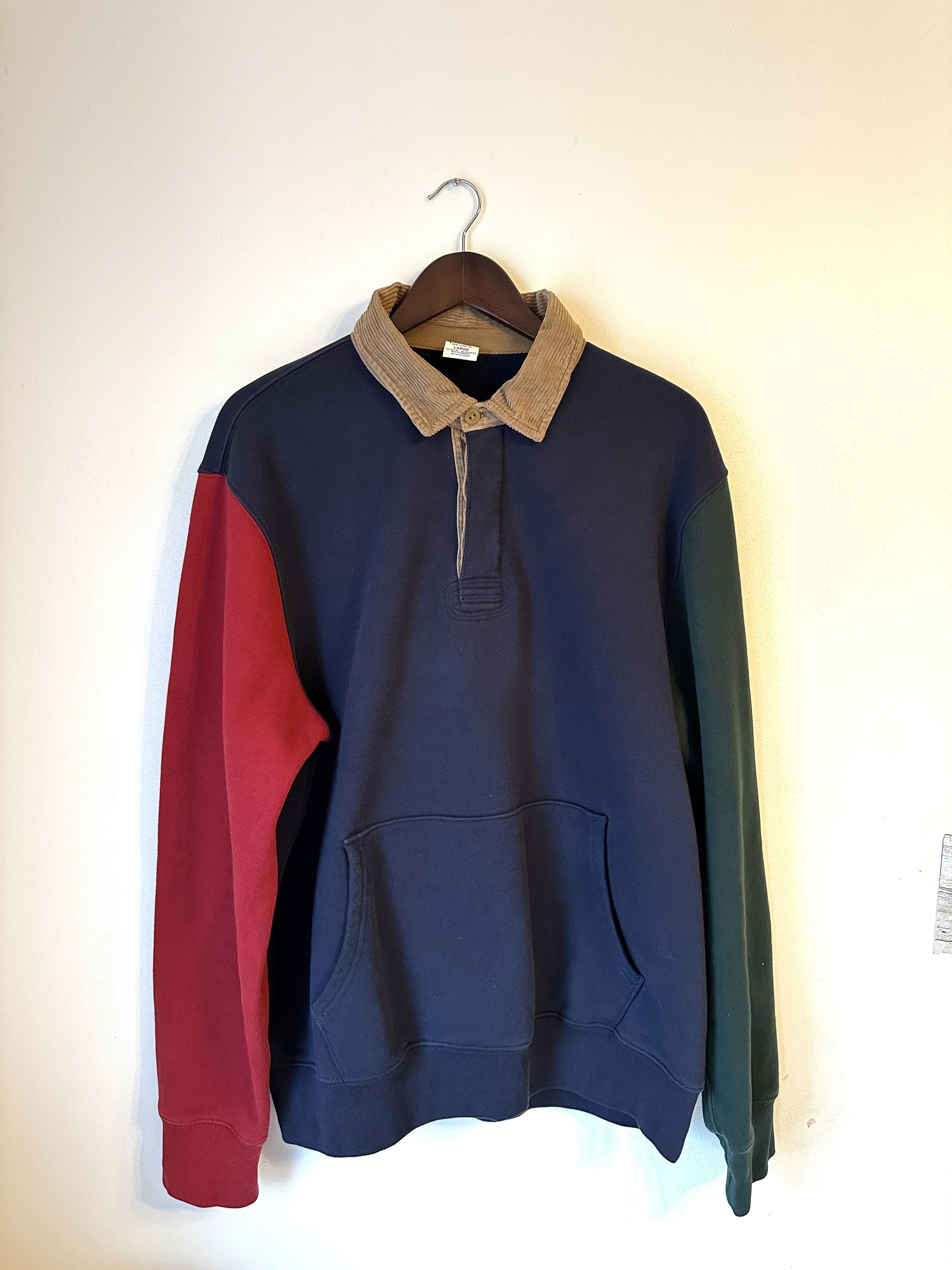 image of J Crew Heritage 14 Oz. Fleece Rugby Pullover With Corduroy Collar in Navy Red Green Colorblock (Siz