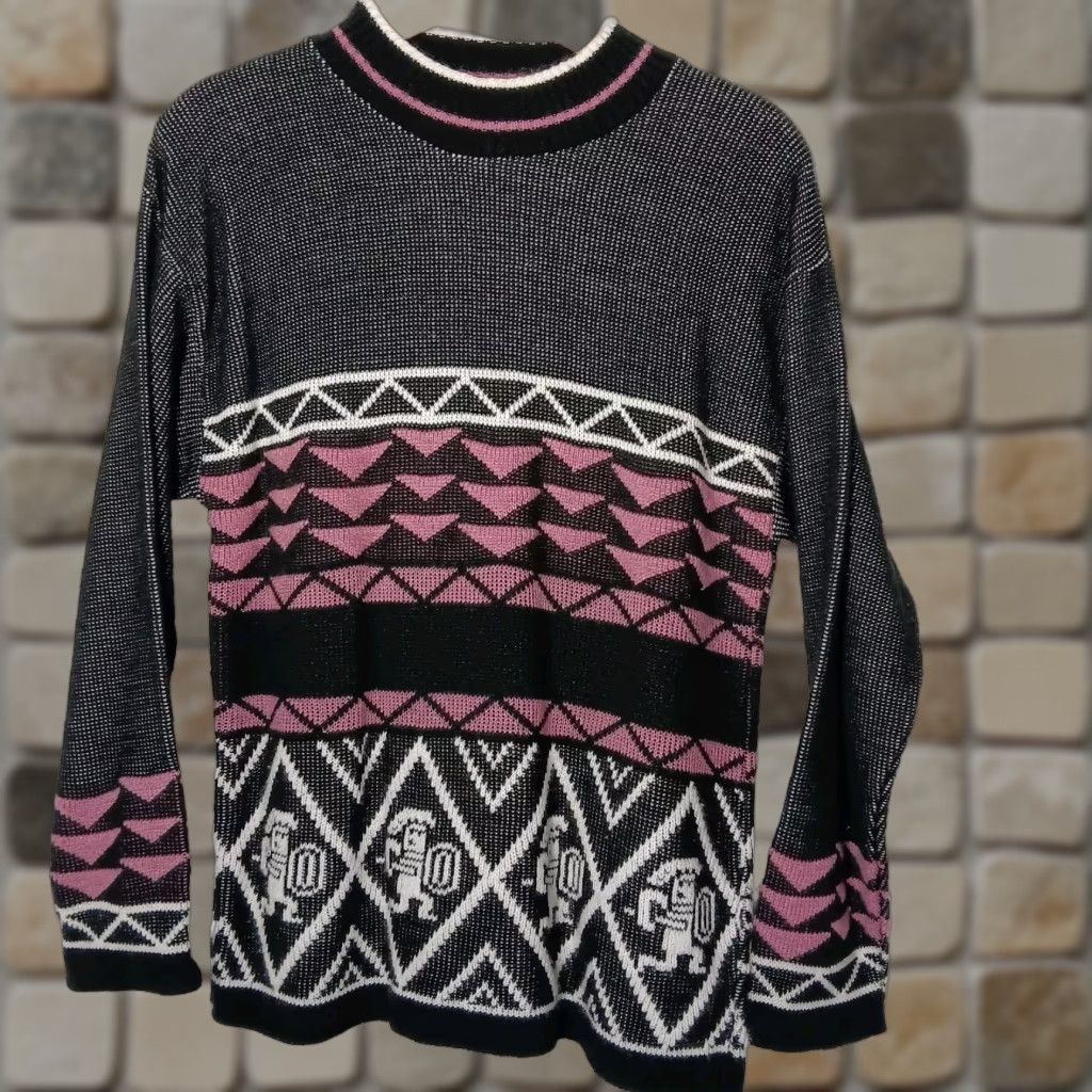 Pinko VINTAGE JC & Louis Aztec Warrior Sweater Pullover Geometric Knit Mock Neck Long Sleeve Black Pink M Womens 80s Retro Size M / US 6-8 / IT 42-44 - 1 Thumbnail