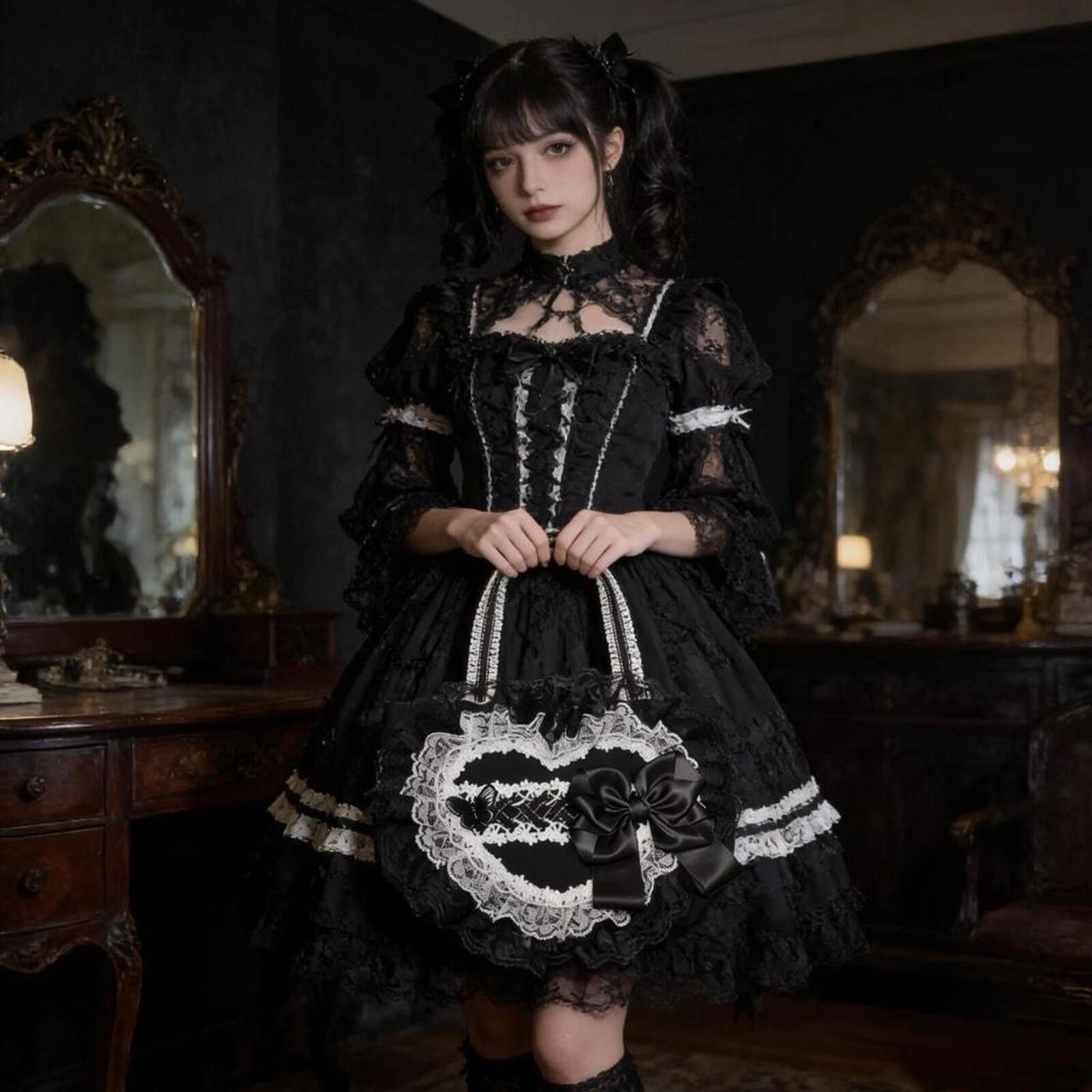 Other Black & White Lace Heart Lolita Tote Bag | Gothic Handbag Size ONE SIZE - 2 Thumbnail