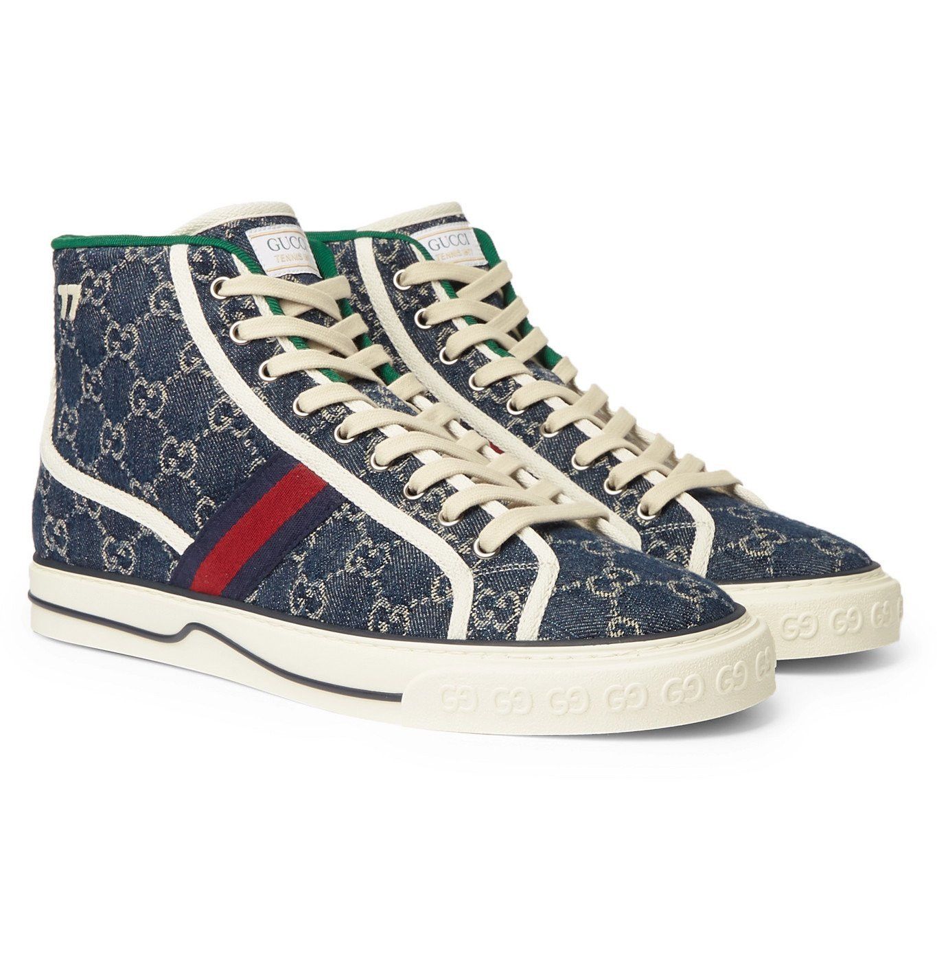 image of Gucci Tennis 1977 Webbing-Trimmed Monogrammed Denim Sneakers in Blue, Men's