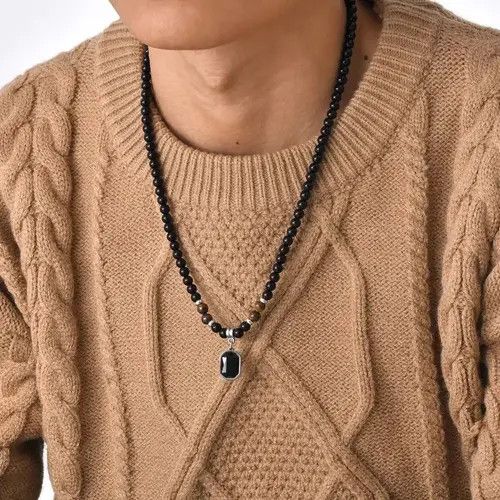 Other Mens Geometric Charm Necklaces, Black Beaded Tier Eye Stone Size ONE SIZE - 5 Thumbnail