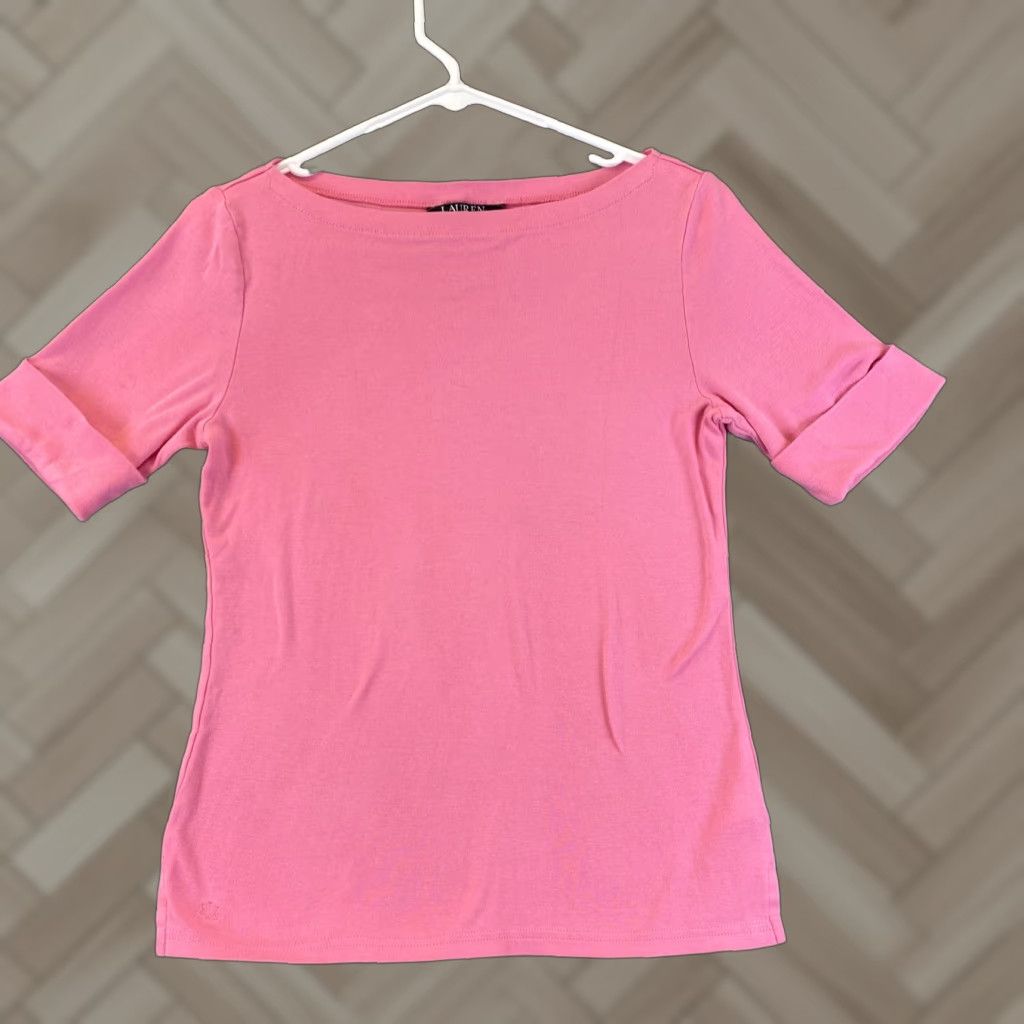 Ralph Lauren Ralph Lauren Women's T-Shirt Pink Square Neck Short Sleeve M Pullover Cotton 100% Regular Casual Modern Vintage No - Men? Girls? Size M / US 6-8 / IT 42-44 - 1 Thumbnail