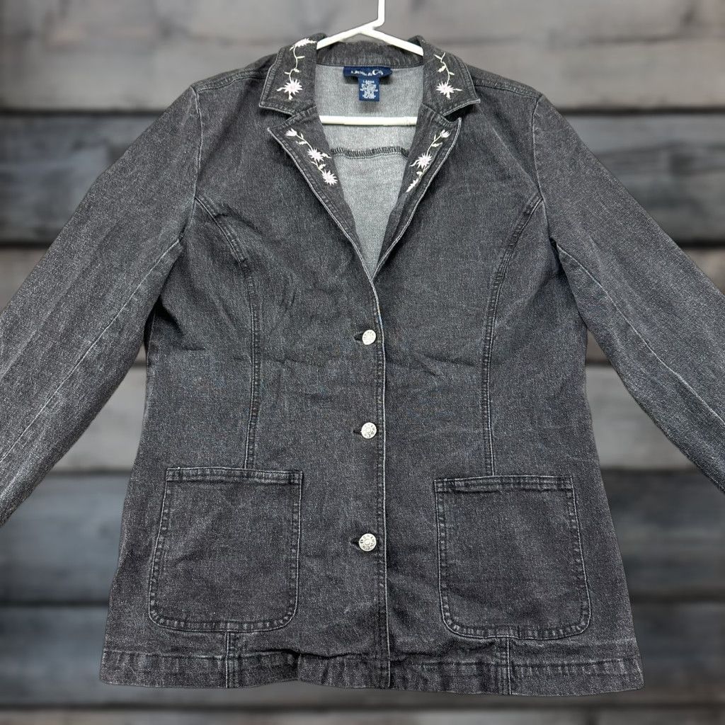Denim & Co. VINTAGE Denim & Co Jacket Womens L Black Denim Coat Mid-Length Dark Wash 90s Biker Size 36" / US 14 / IT 50 - 1 Thumbnail