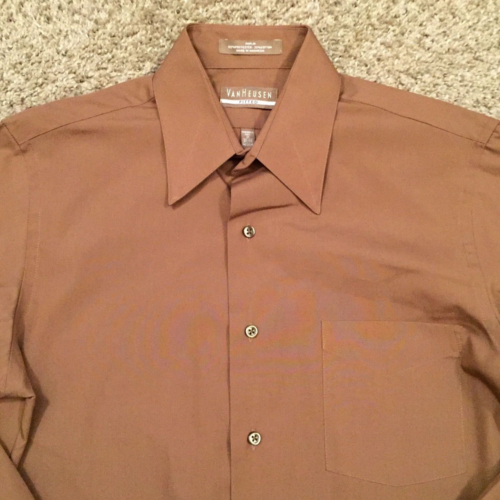 Van Heusen Van Heusen Shirt Mens M Brown Long Sleeve Button-Up Poplin Size US M / EU 48-50 / 2 - 3 Thumbnail