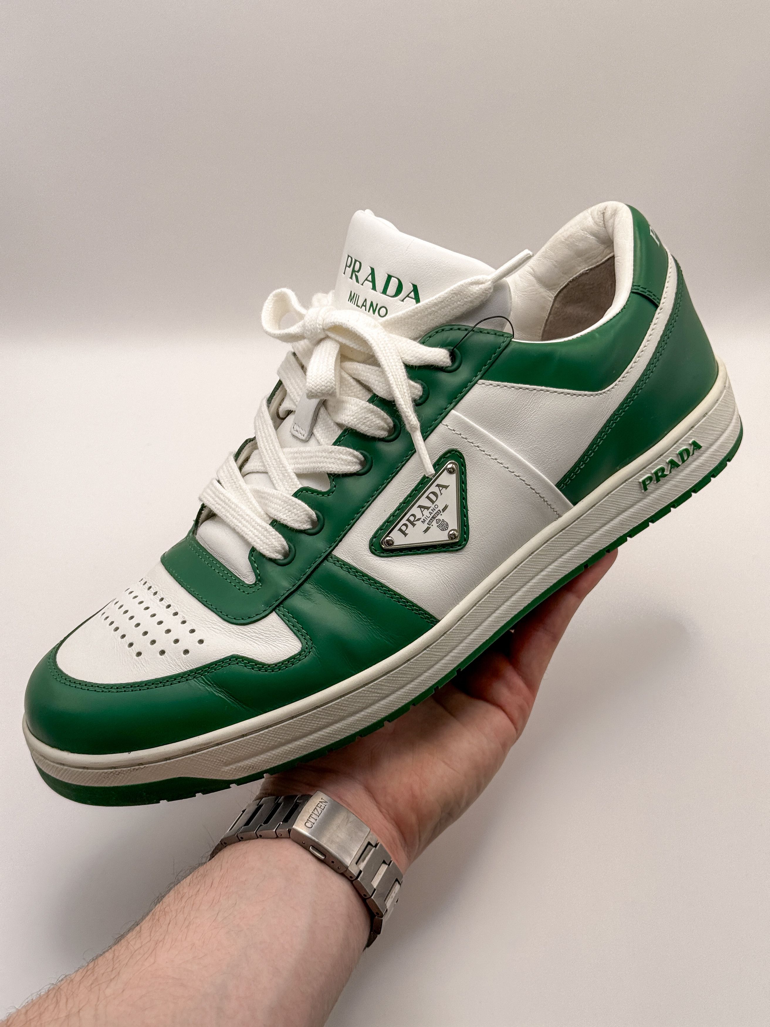 Prada Prada Downtown Sneakers Shoes White/Green Leather Size US 9 / EU 42 - 3 Thumbnail