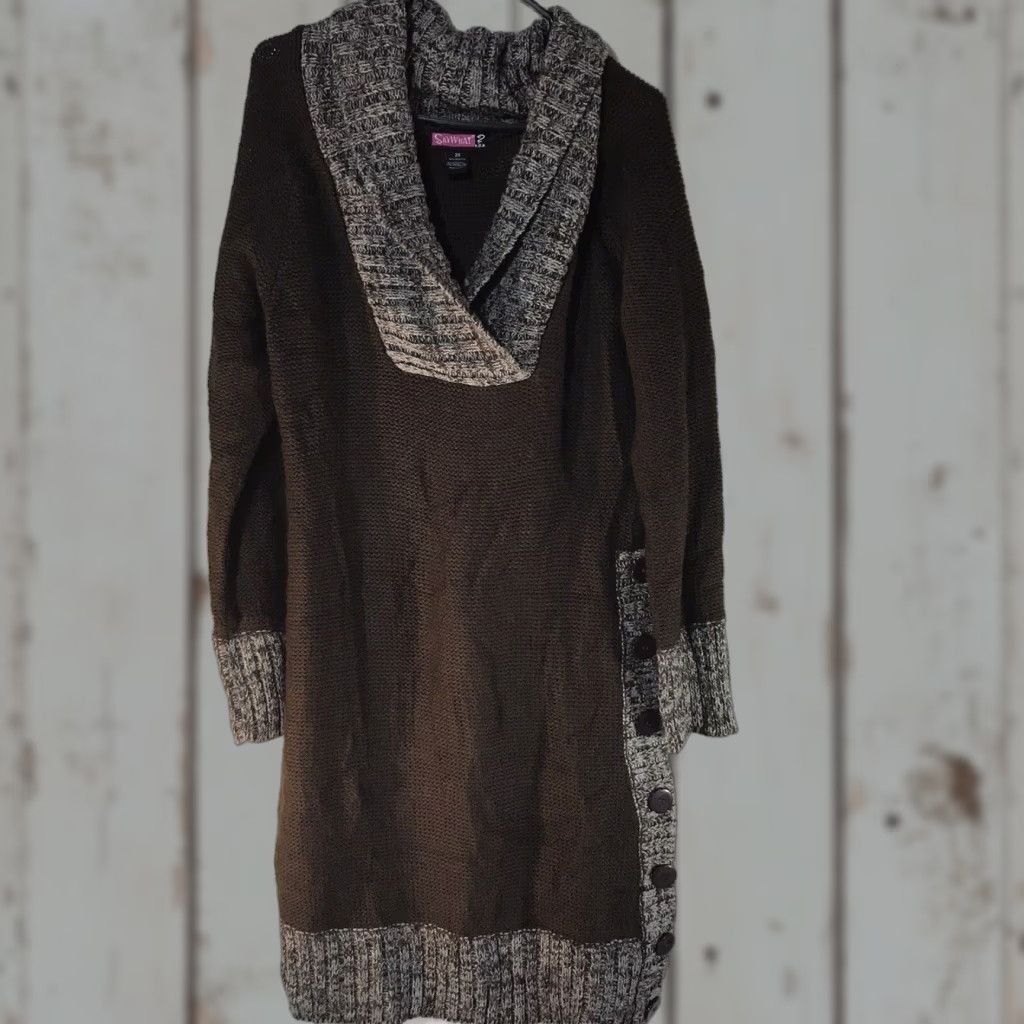 Vintage Say What Brown White Cable Knit Sweater Dress Womens Plus Size 2X Midi Collared Fall Winter Size XXL / US 16-18 / IT 52-54 - 1 Thumbnail