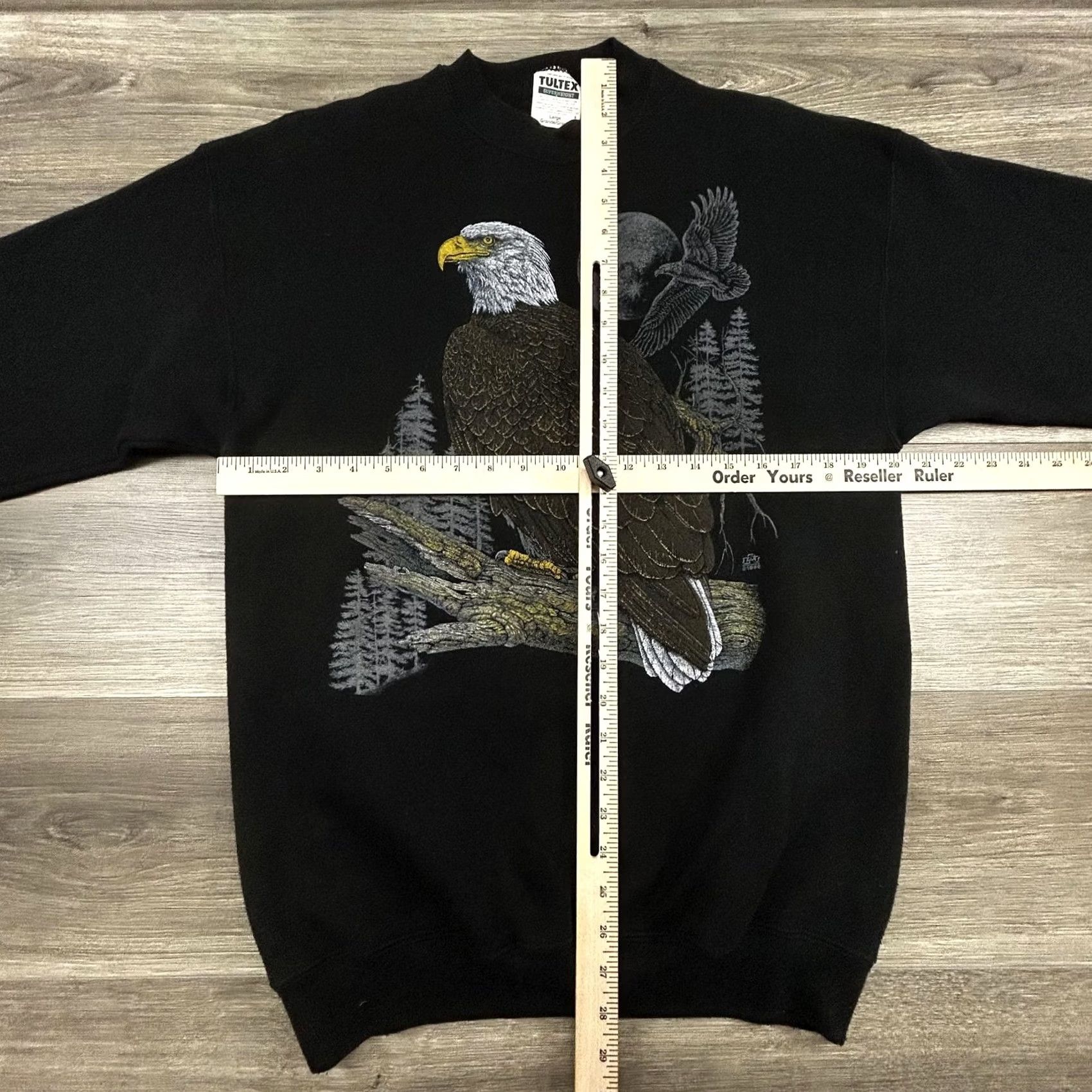 Tultex VINTAGE Bald Eagle Sweatshirt Mens L Black 90s Tultex Superweight Graphic Print Front Moon USA Tree Forest Size US L / EU 52-54 / 3 - 7 Thumbnail