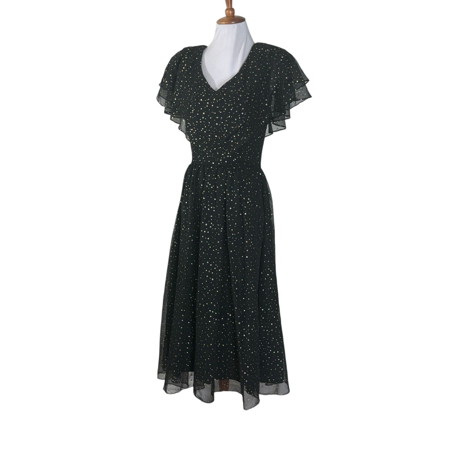 Vintage Vintage 80s Black Gold Glitter Midi Flutter Sleeve Dress S/M Size M / US 6-8 / IT 42-44 - 3 Thumbnail