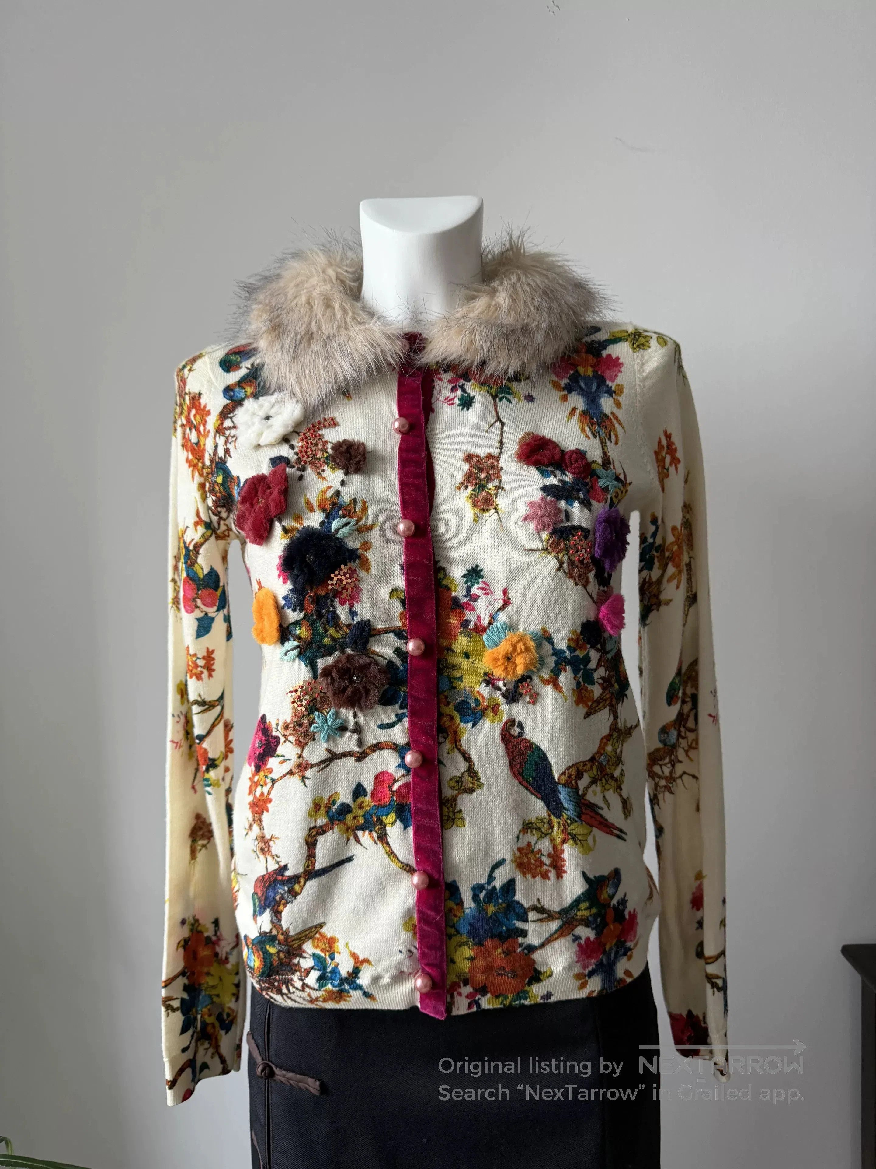 TWINSET TWINSET Floral Bird Embroidery Fur Collar Knit Jacket. Size M / US 6-8 / IT 42-44 - 2 Thumbnail