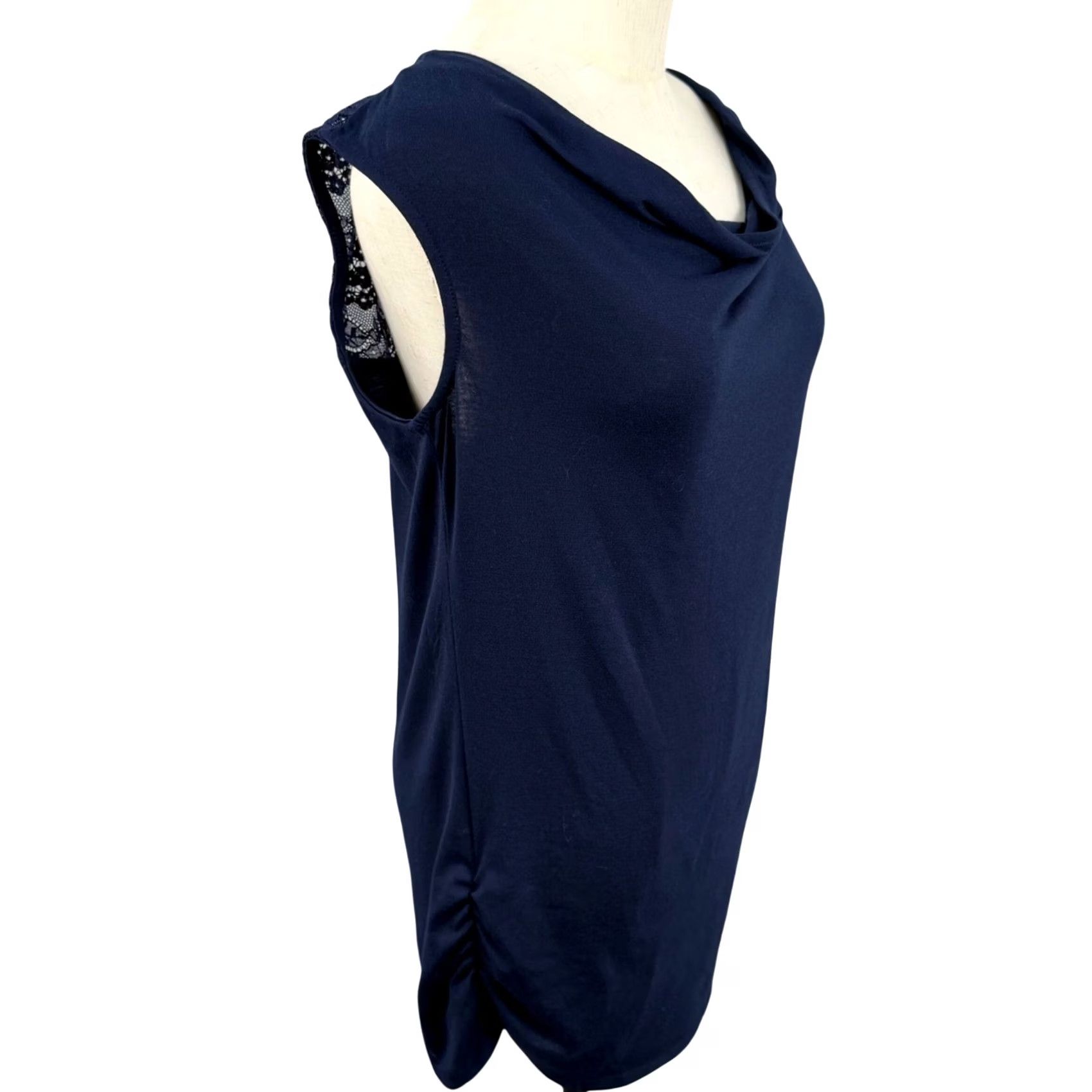 Vintage Meaneor Navy Blue Cowl Neck Lace Back Tank Top - Sleeveless, Polyester Blend, Solid with Lace Contrast, Womens, S Size S / US 4 / IT 40 - 4 Thumbnail
