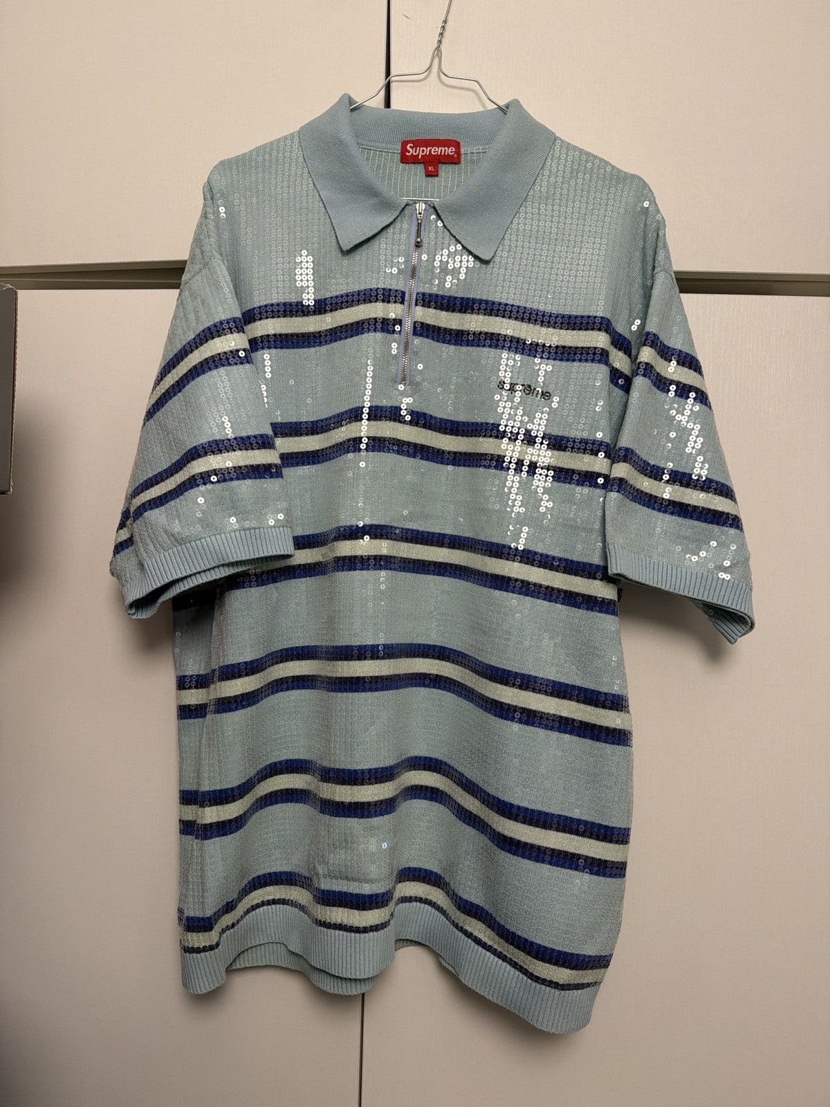 Supreme Supreme Sequin Stripe Zip Polo Blue | Grailed