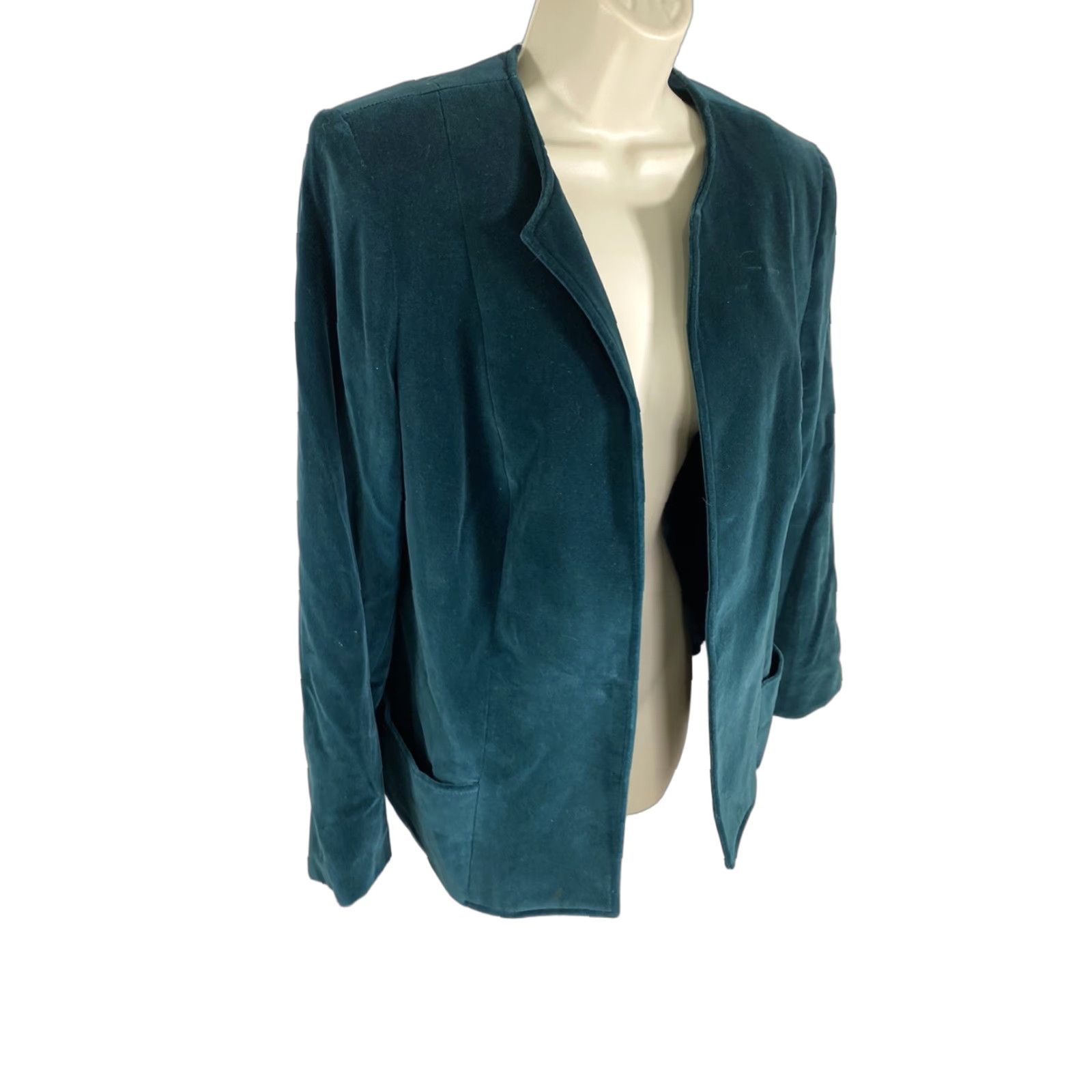 VINTAGE Cassandra Dark Green Open Front Cotton Blend Velvet Jacket Blazer Womens M