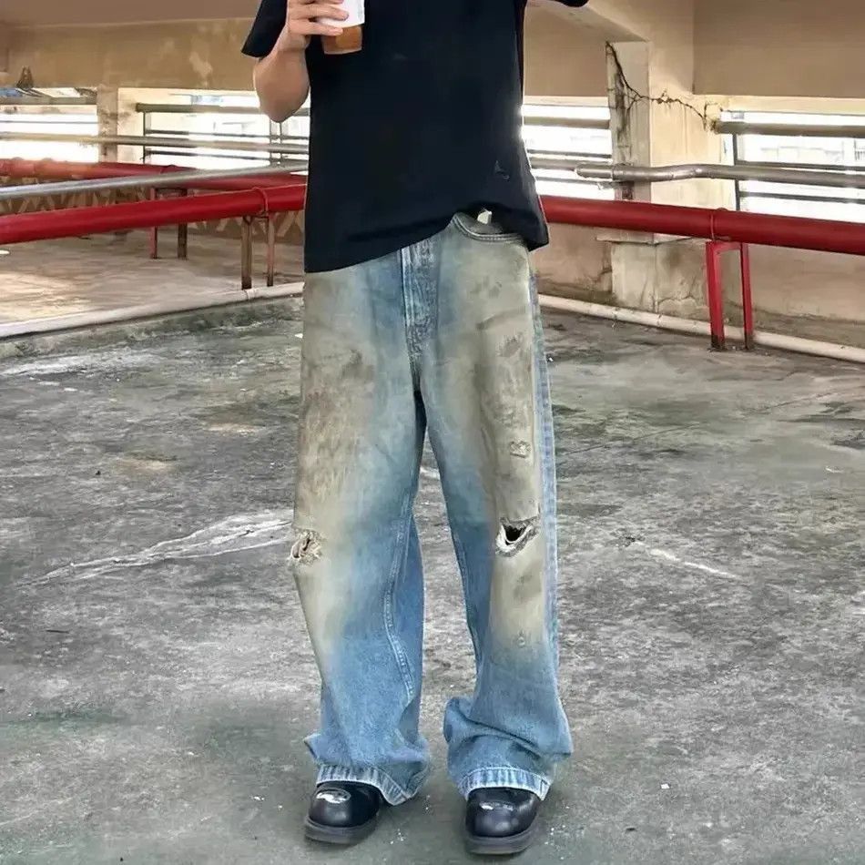 Mud Dyed Hole Baggy Jeans Hombre Frayed Ripped Trousers y2k