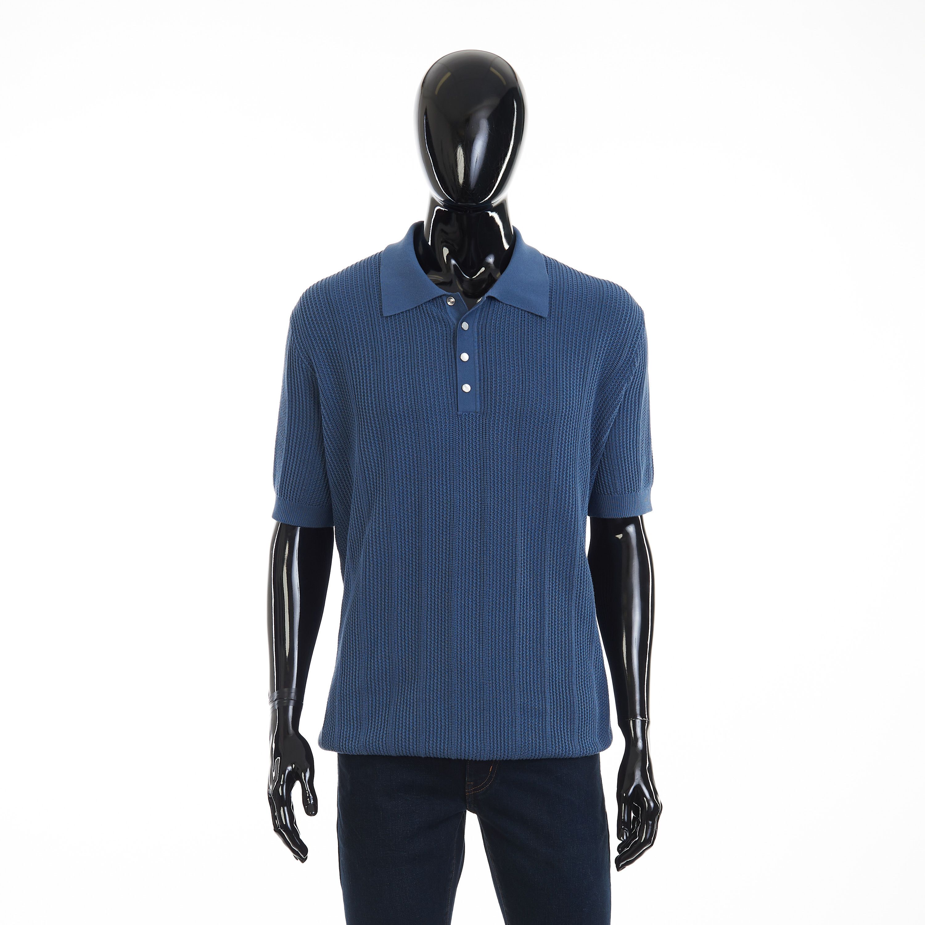 Brunello Cucinelli Textured Rib Knit Polo - Oxford Blue Cotton Size US XXL / EU 58 / 5 - 9 Thumbnail