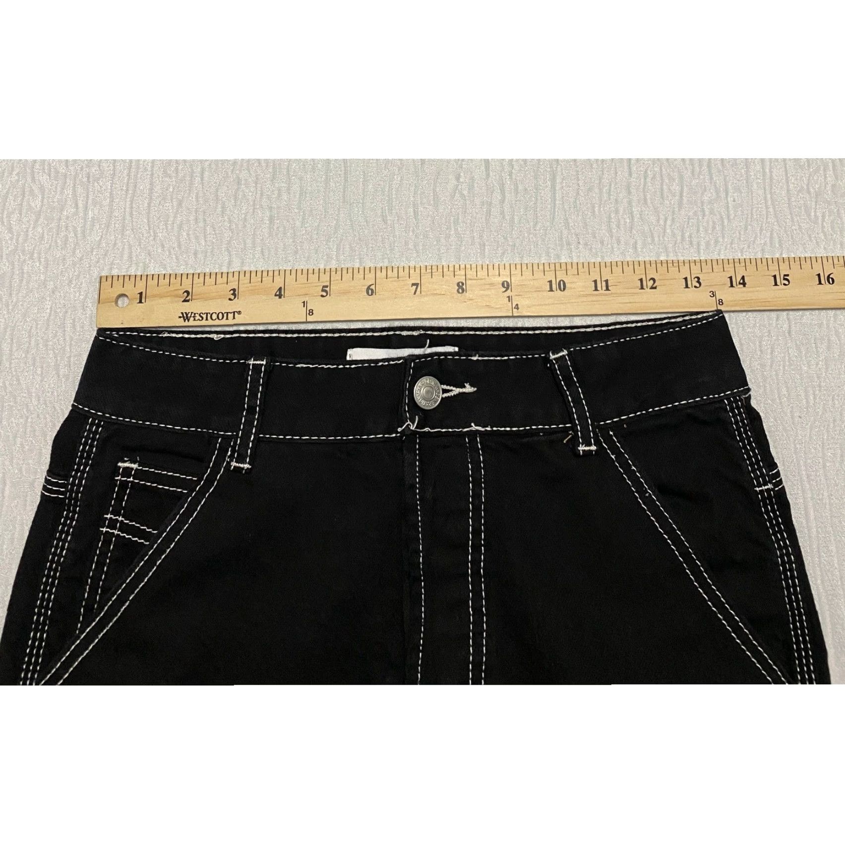 Vintage SONG Black Wide Leg Carpenter Jeans Contrast Stitching 100% Cotton 25 in Inseam Button Fly Women Clothes Size 25" / US 0 / IT 36 - 6 Thumbnail