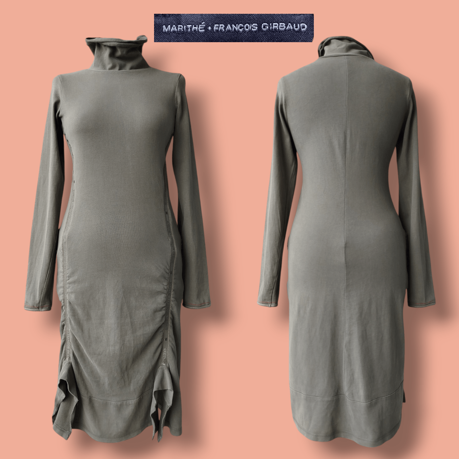 Dress Long Sleeve Turtleneck Khaki Pockets Vintage Cotton
