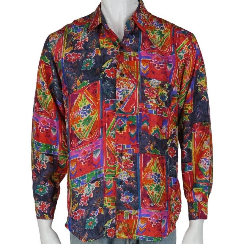 Vintage Rainbow Floral Hawaiian Festival Camp Silk Shirt