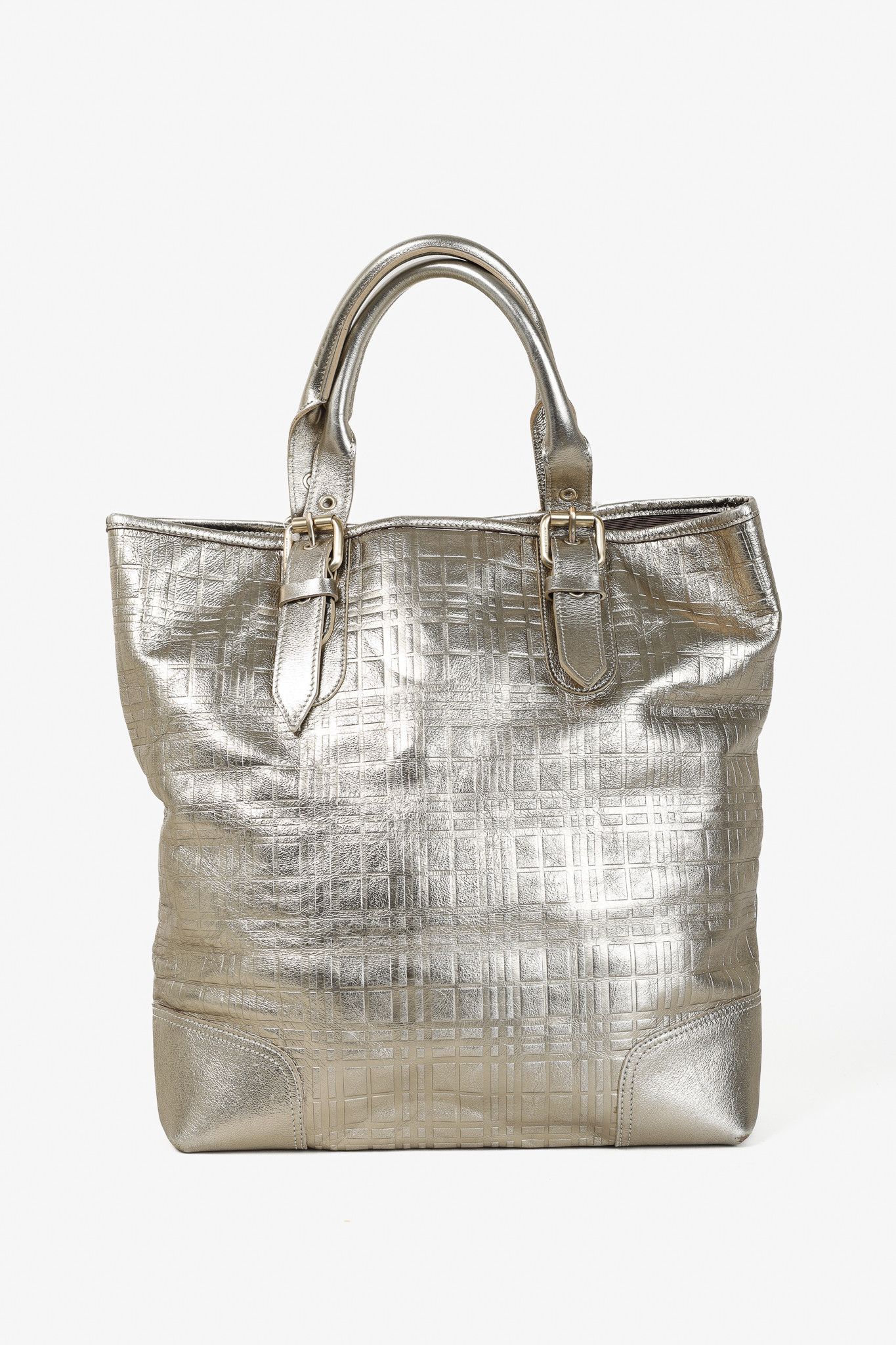 Burberry Burberry Metallic-Gold Plaid-Embossed Leather Tote Bag Size ONE SIZE - 4 Thumbnail