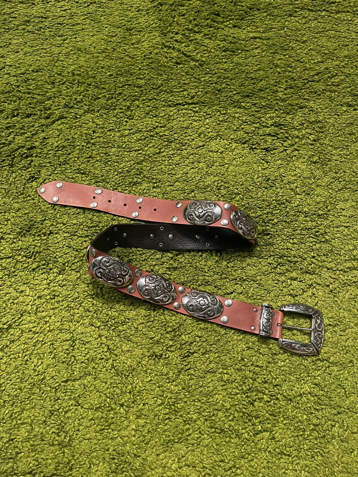 Cowboy Equipment × Genuine Leather × Vintage Nanni western cowboy style chrome plated leather belt Size 32 - 1 Thumbnail