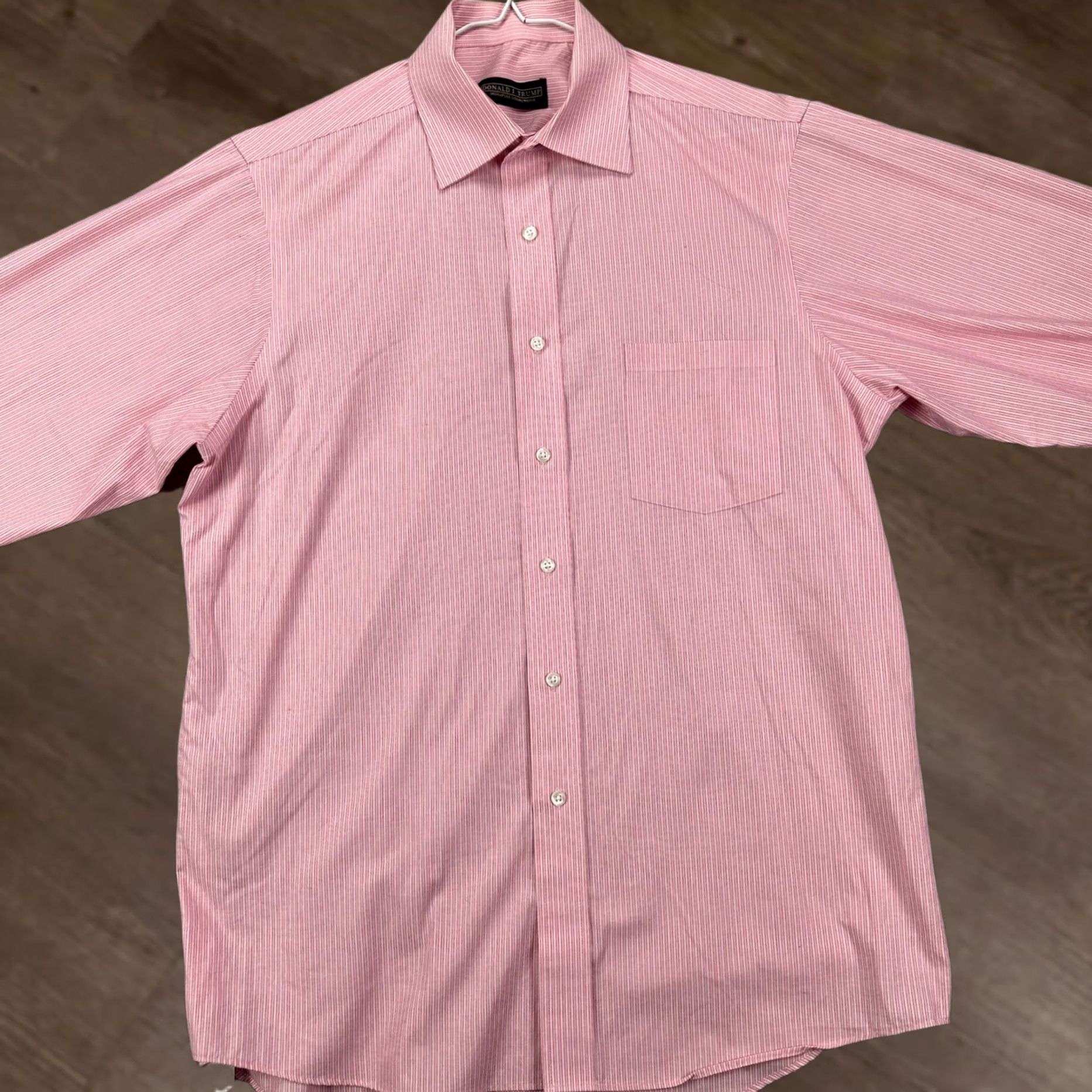 Pinko Donald J Trump Shirt Mens Dress Shirt Pink Striped Regular Fit Button Up Non-Iron Casual Workwear Size 42R - 1 Thumbnail