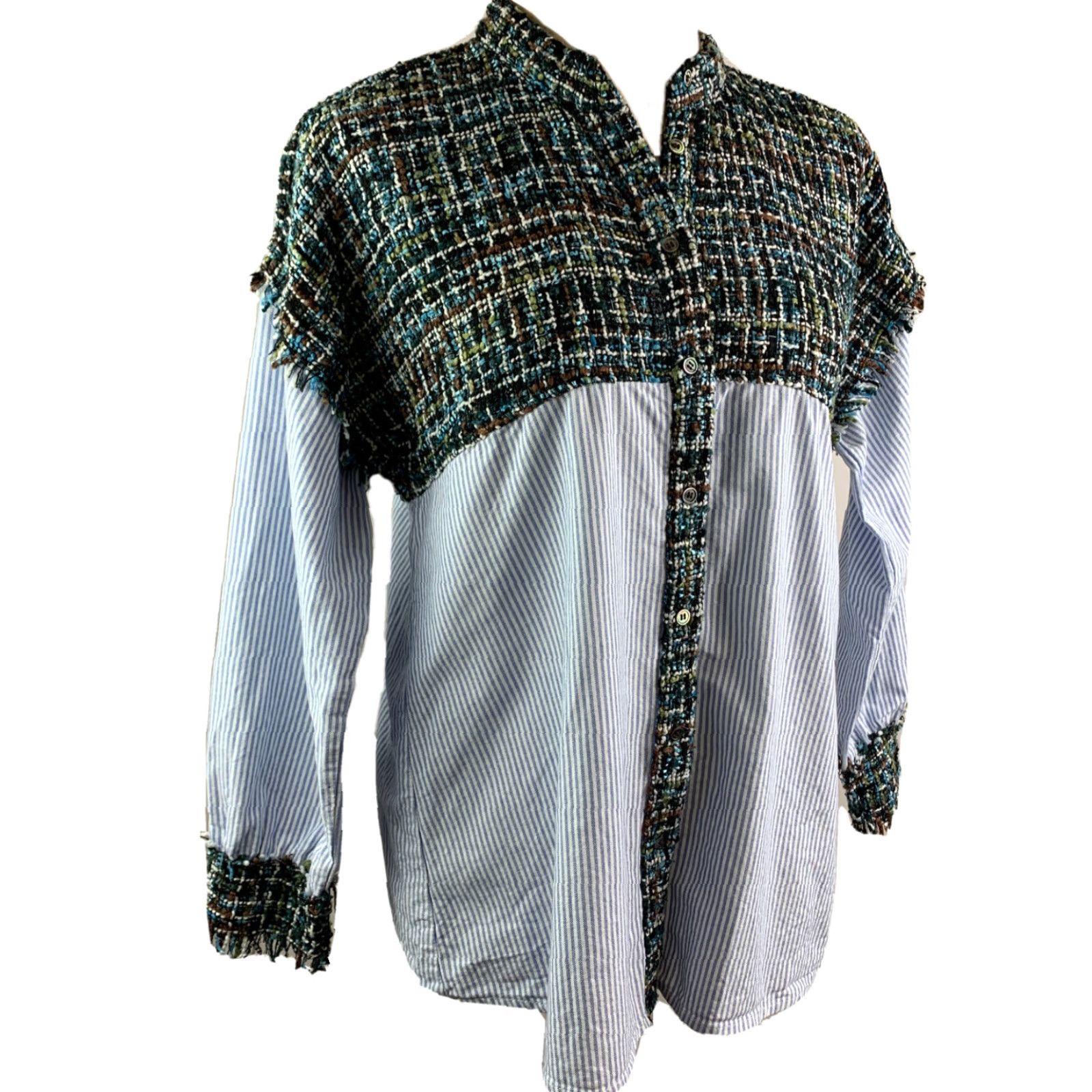 Zara VINTAGE Zara Basics Collection Mixed Fabric Women's Button Up Shirt Top Size M / US 6-8 / IT 42-44 - 2 Thumbnail