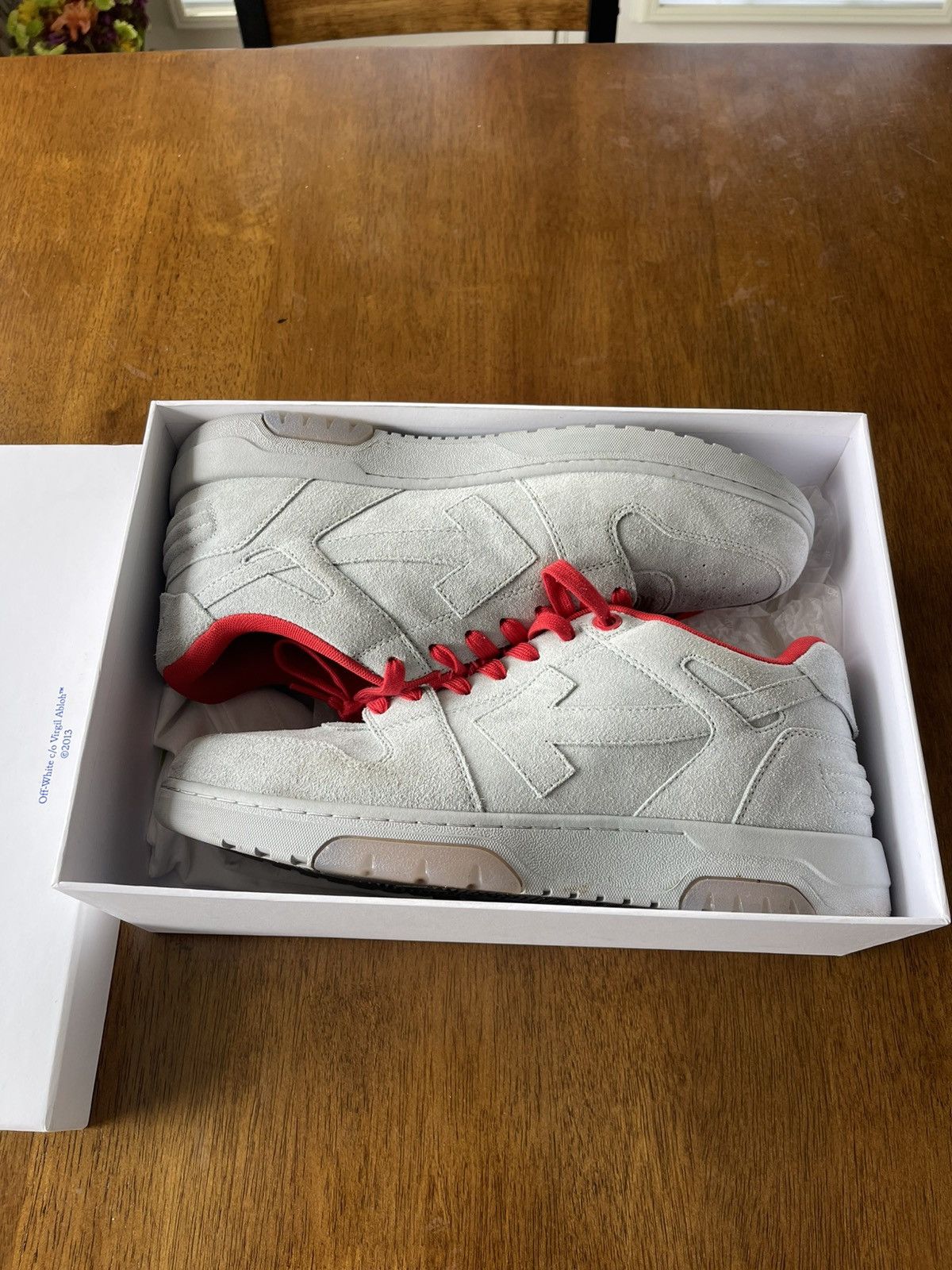 Off-White Off-White Men's Suede Low-Top Sneakers in Light Gray/Red Size US 13 / EU 46 - 2 Thumbnail