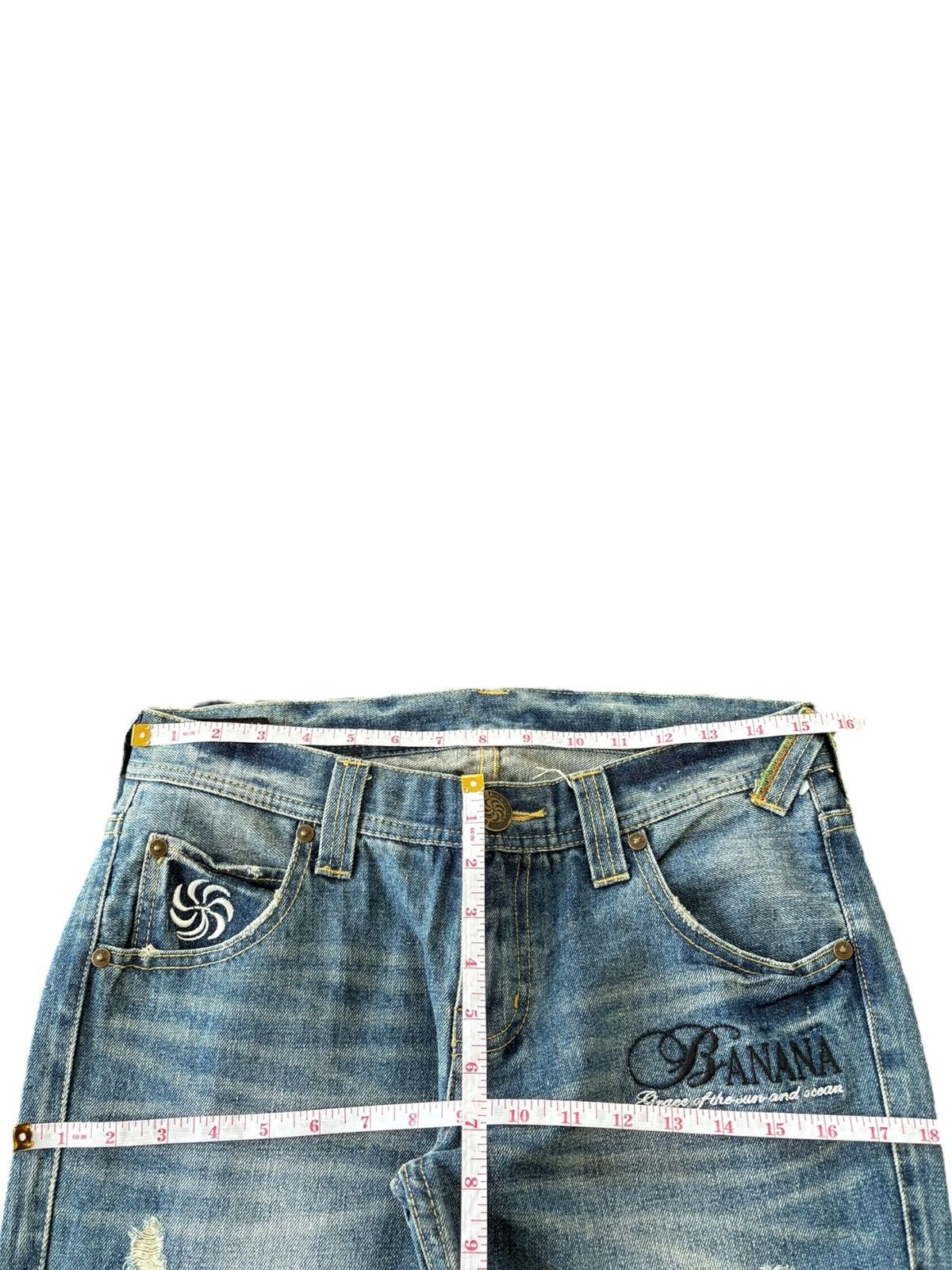 Japanese Brand Vintage Banana Seven Distressed Embroidery Bootcut Jeans Size 31" - 10 Thumbnail