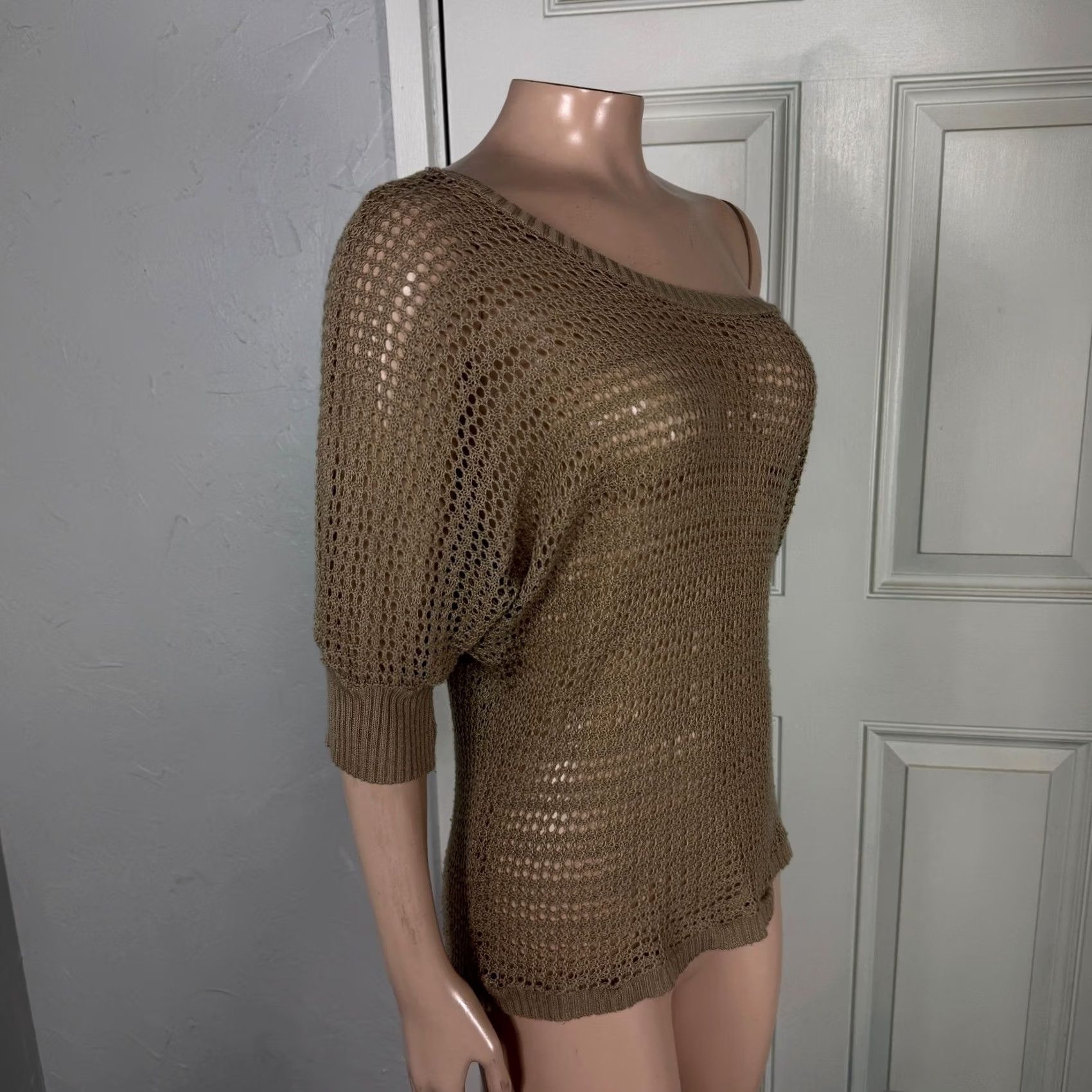 Vintage VINTAGE Papaya Shirt Medium Off Shoulder Knit Bohemian Beige Acrylic Short Sleeve US Size M Womens Bohemian 90s Style Casual Size M / US 6-8 / IT 42-44 - 4 Thumbnail