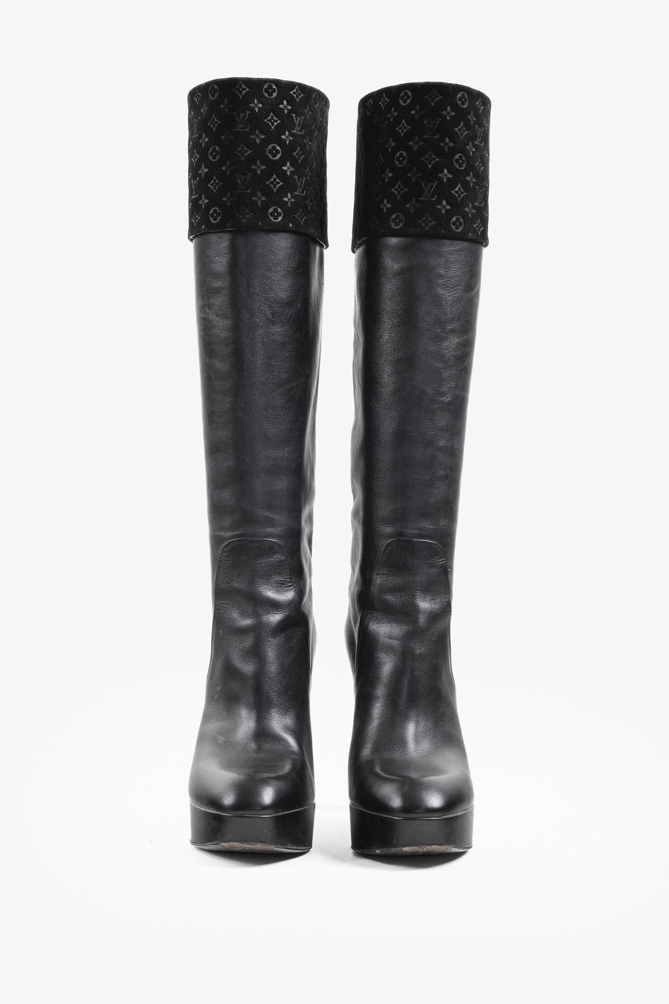 Louis Vuitton Louis Vuitton LV Monogram Tall Black Leather Platform Boots Size US 6 / IT 36 - 2 Thumbnail