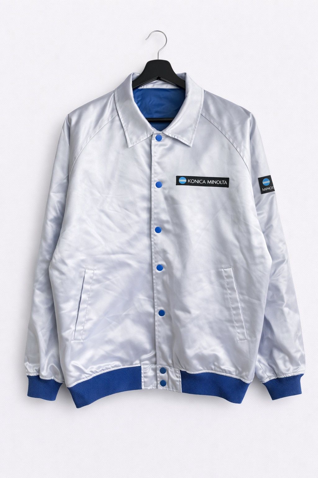 Japanese Brand Vintage Konica Minolta Satin Coach Jacket Blue White Logo Size US L / EU 52-54 / 3 - 1 Thumbnail