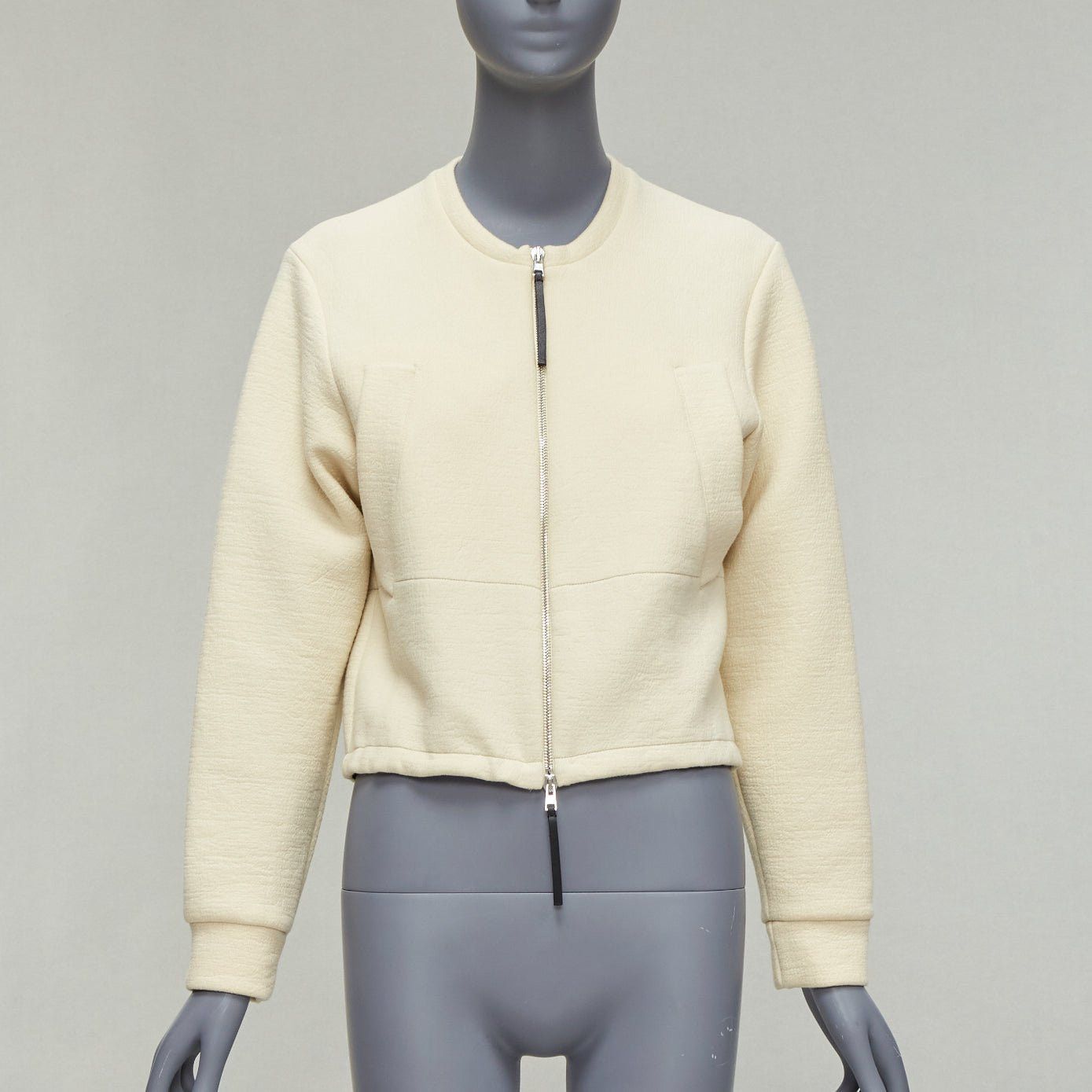 image of Marni Cream Cotton Leather Zip Pull Cropped Bomber Jacket It36 Xxs in Beige, Women's