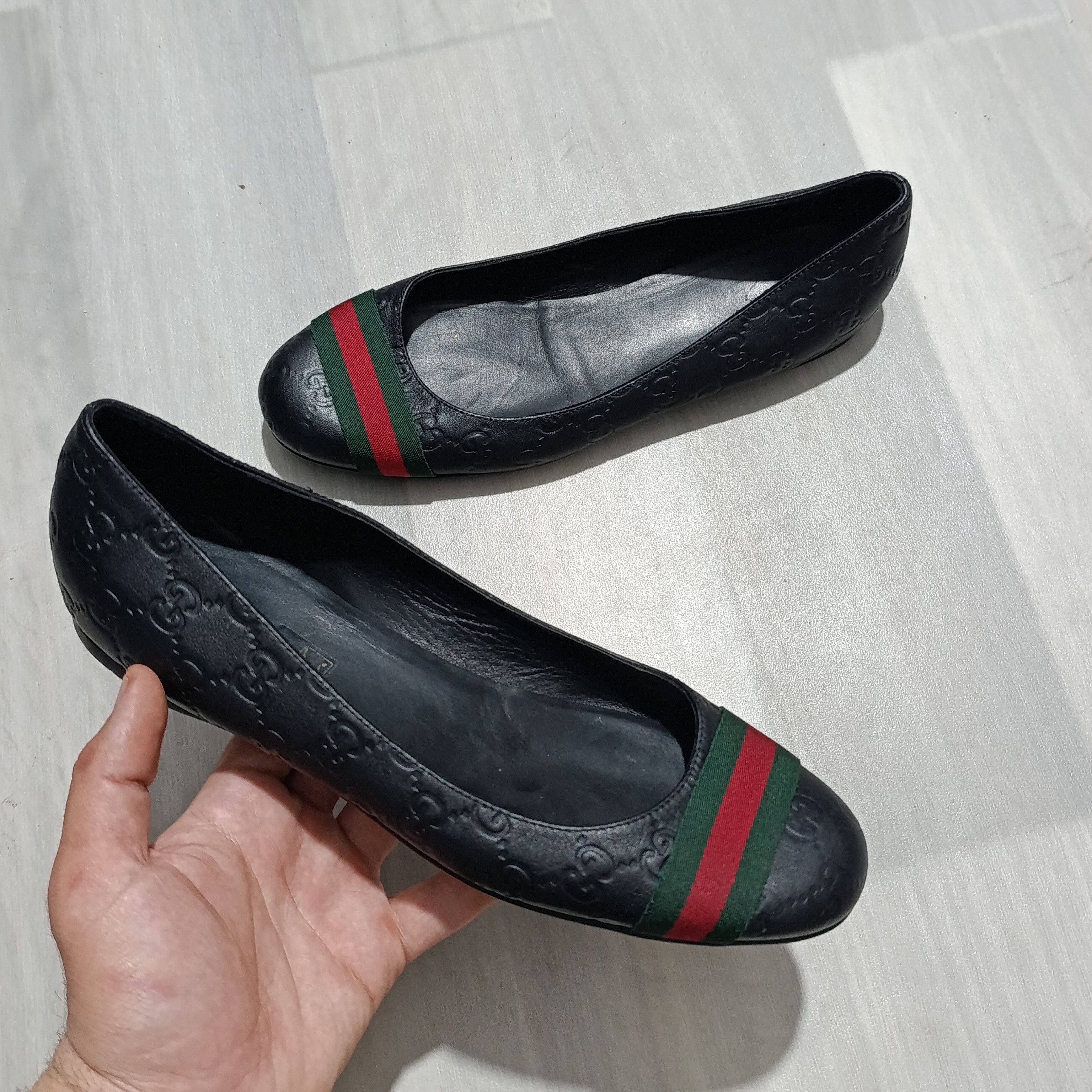 Gucci Gucci Black Leather Monogram Web Ballet Flats Size US 11 / IT 41 - 2 Thumbnail