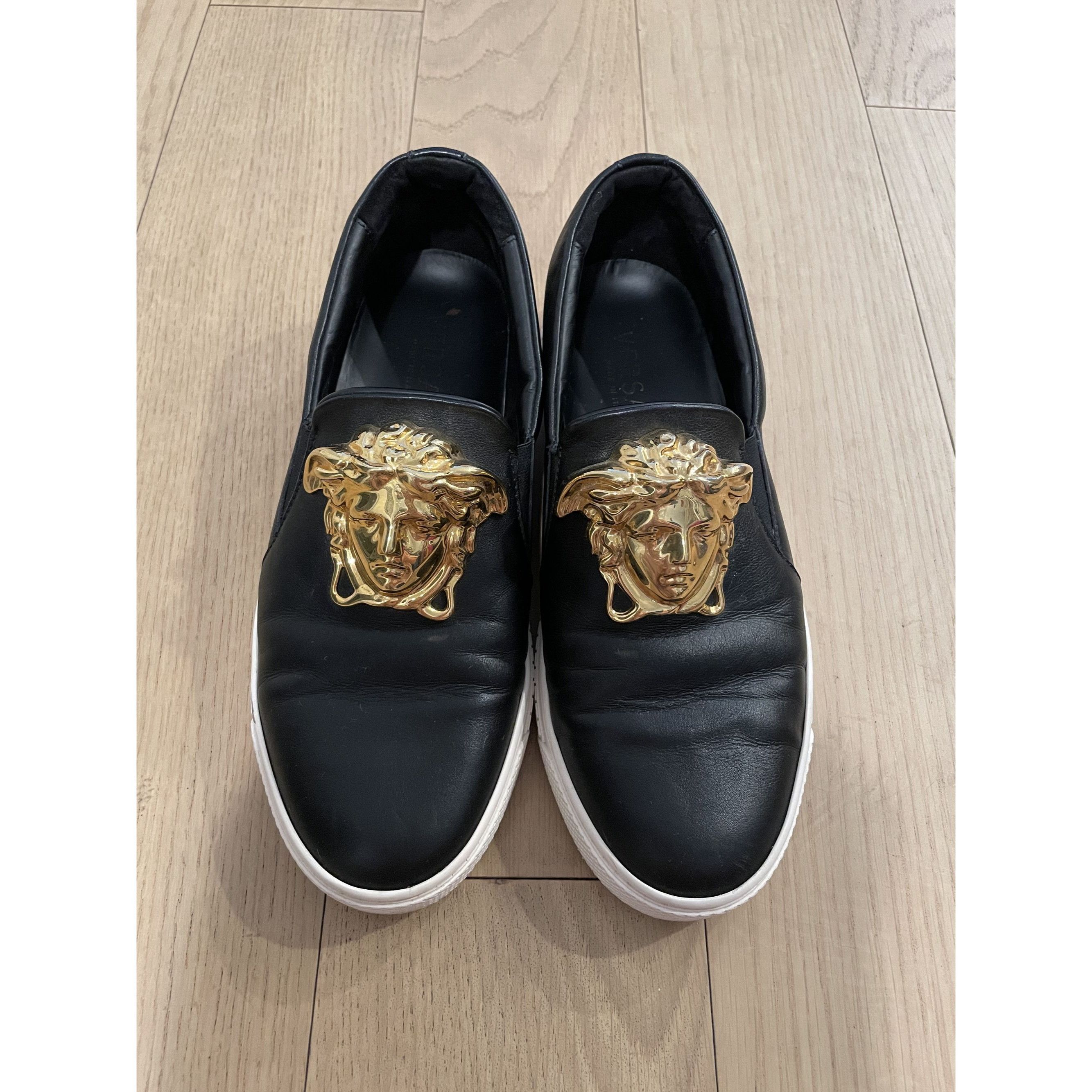 Versace Versace Black Leather Slip-On Sneakers With Gold Medusa Deta Size US 6.5 / EU 39-40 - 1 Thumbnail