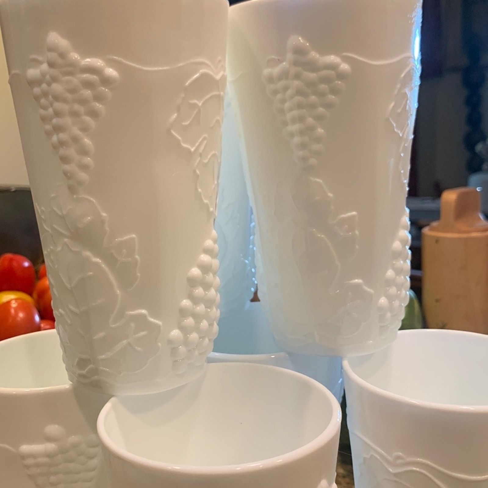 Vintage 8 Milk glass tumblers,grape vine pattern Size ONE SIZE - 1 Thumbnail