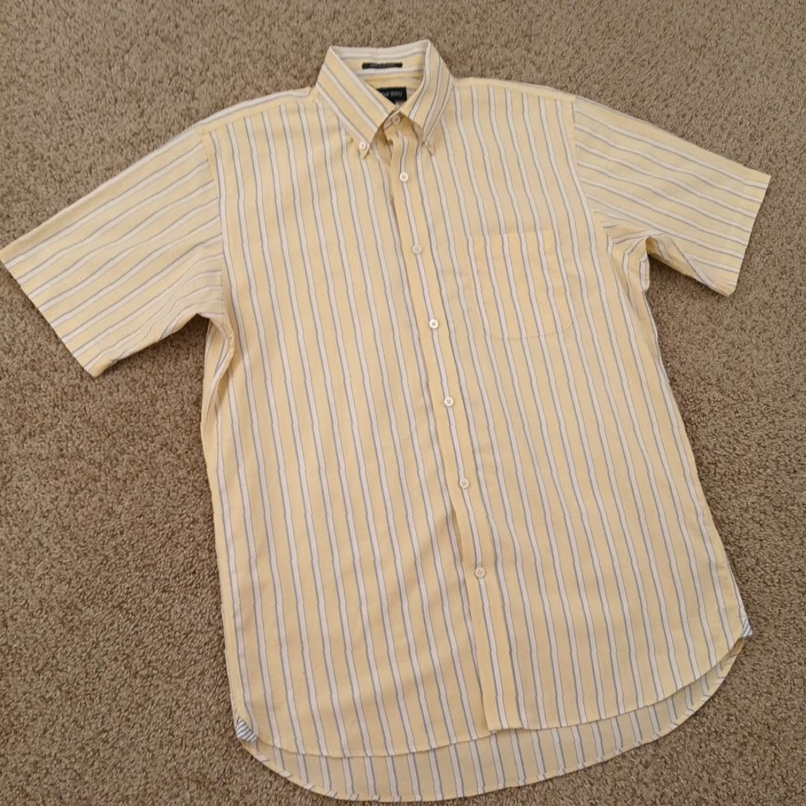 Lands' End Lands' End Oxford Shirt Mens 15.5 Yellow Striped Short Sleeve Button-Down Cotton Shirt Mens Size US L / EU 52-54 / 3 - 4 Thumbnail