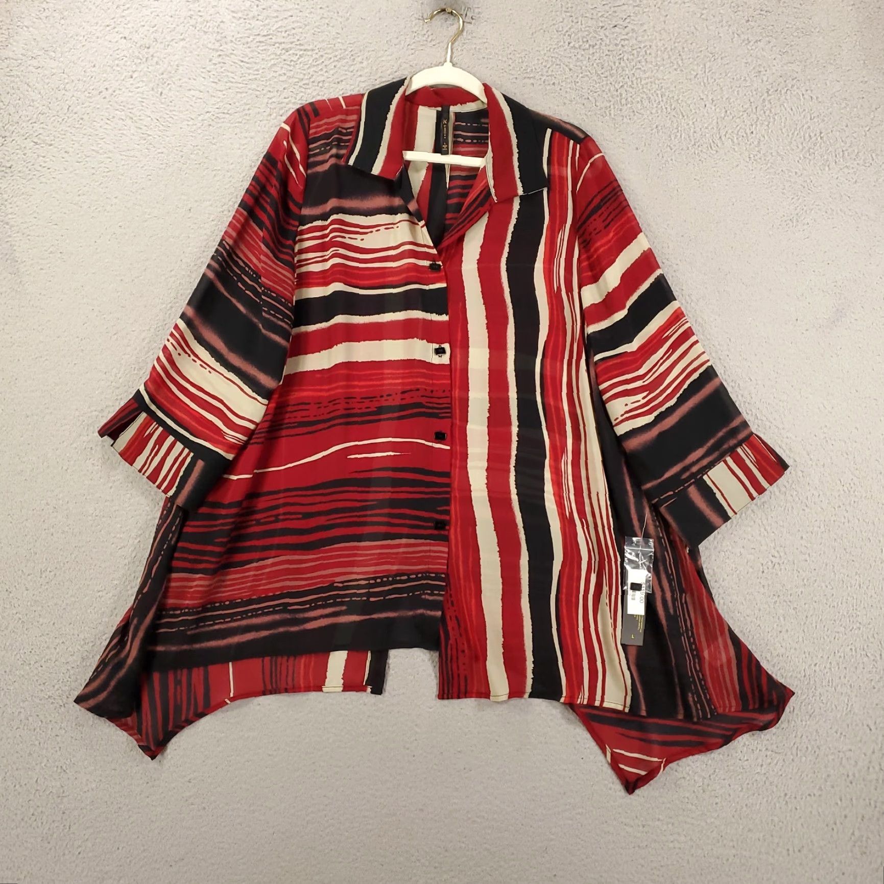 Vintage IC by Connie K Tunic Womens Large Red Black White Striped Button Up NWT Size L / US 10 / IT 46 - 2 Thumbnail