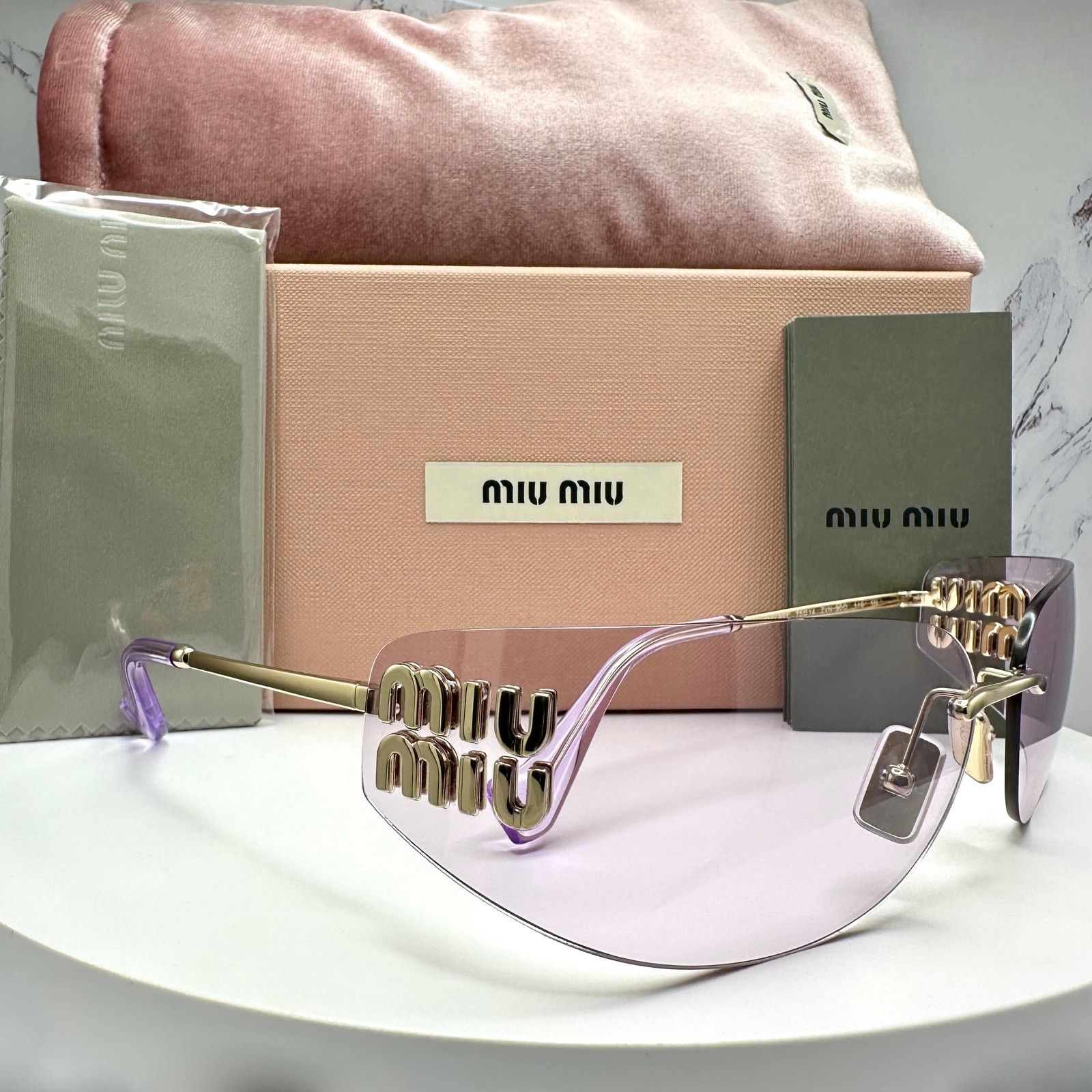 New MIU MIU Sunglasses Gold Pink Wrap AUTHENTIC Runway 2025