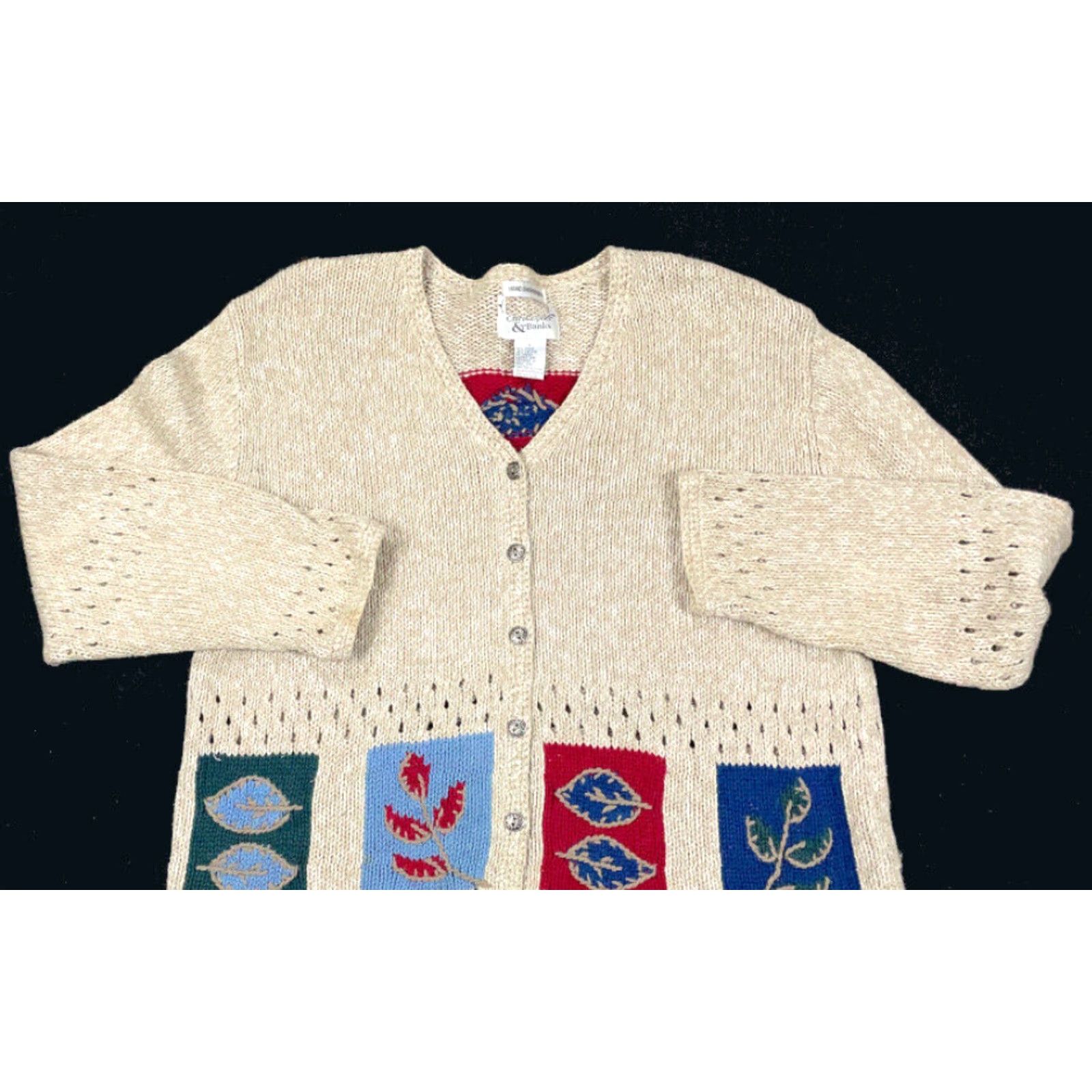 Vintage Christopher & Banks Women's Cardigan Sweater L Beige Hand Embroidered Leaf Knit Casual 90s Outdoor Size L / US 10 / IT 46 - 3 Thumbnail