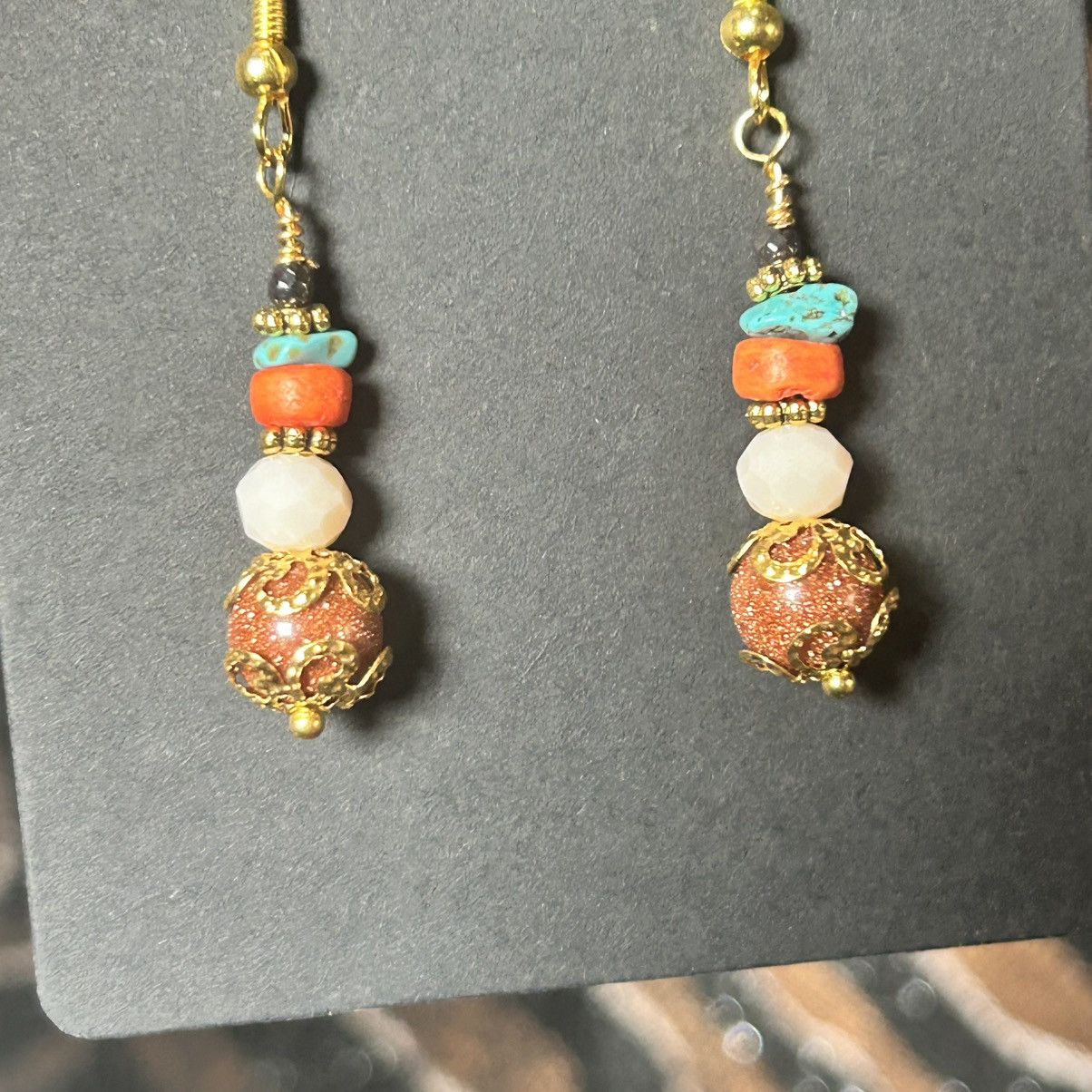 Handmade Handcrafted elegant filigree goldstone coral earrings Size ONE SIZE - 2 Thumbnail
